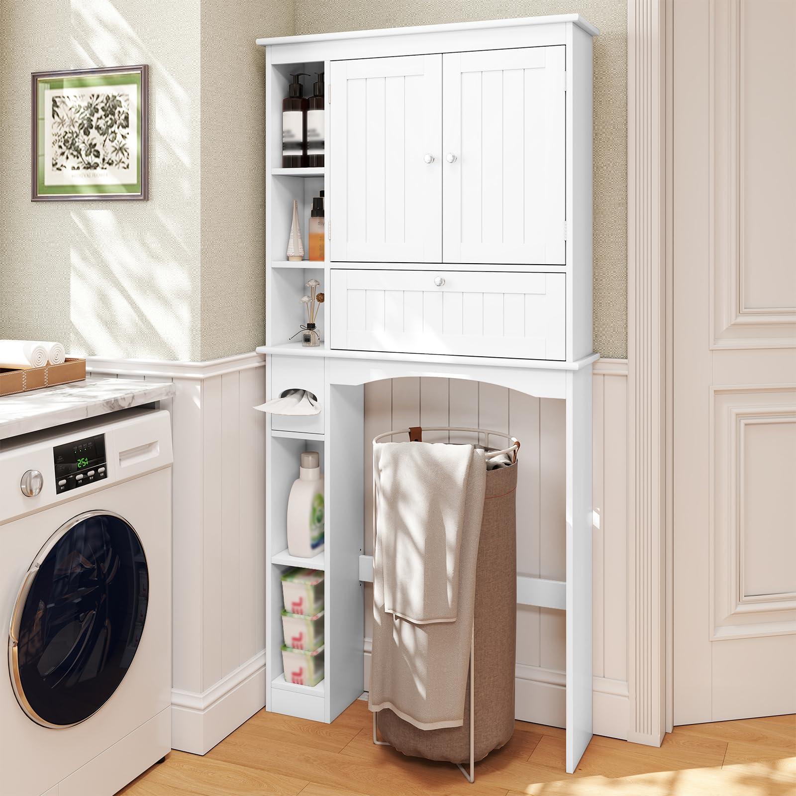COSTWAY Armario de Almacenamiento sobre el Inodoro, Estantería con 3 Puertas y 6 Compartimentos, Estante Ajustable, Soporte para Papel Higiénico, Organizador Que Ahorra Espacio para Baño, Blanco