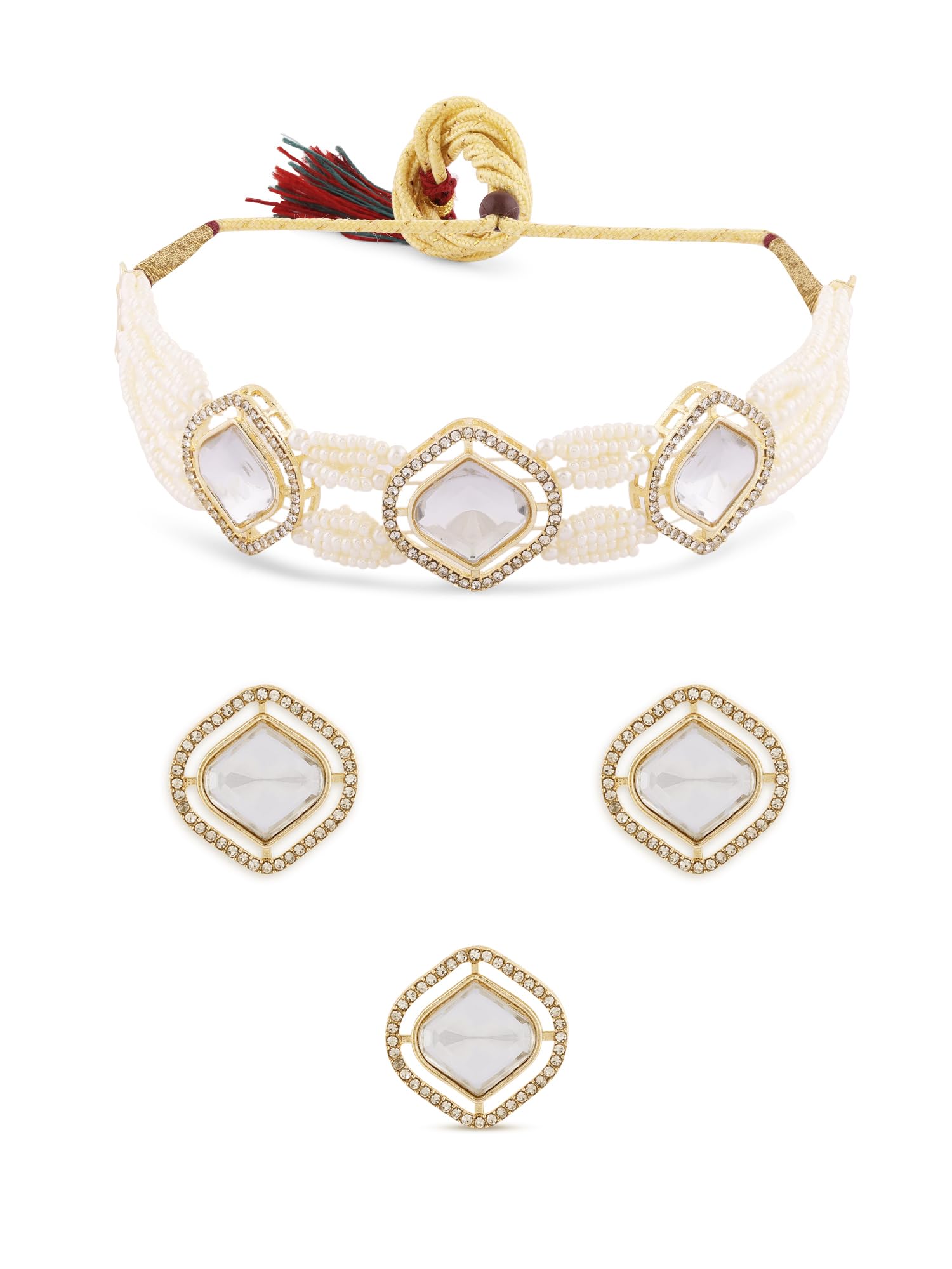 ZAVERI PEARLS Gold Tone Multistrand Beaded Austrian Diamonds & Stones Choker Necklace Earring & Ring Set For Women-ZPFK16749 (B0CL2BMDPR) Amazon Price History, Amazon Price Tracker