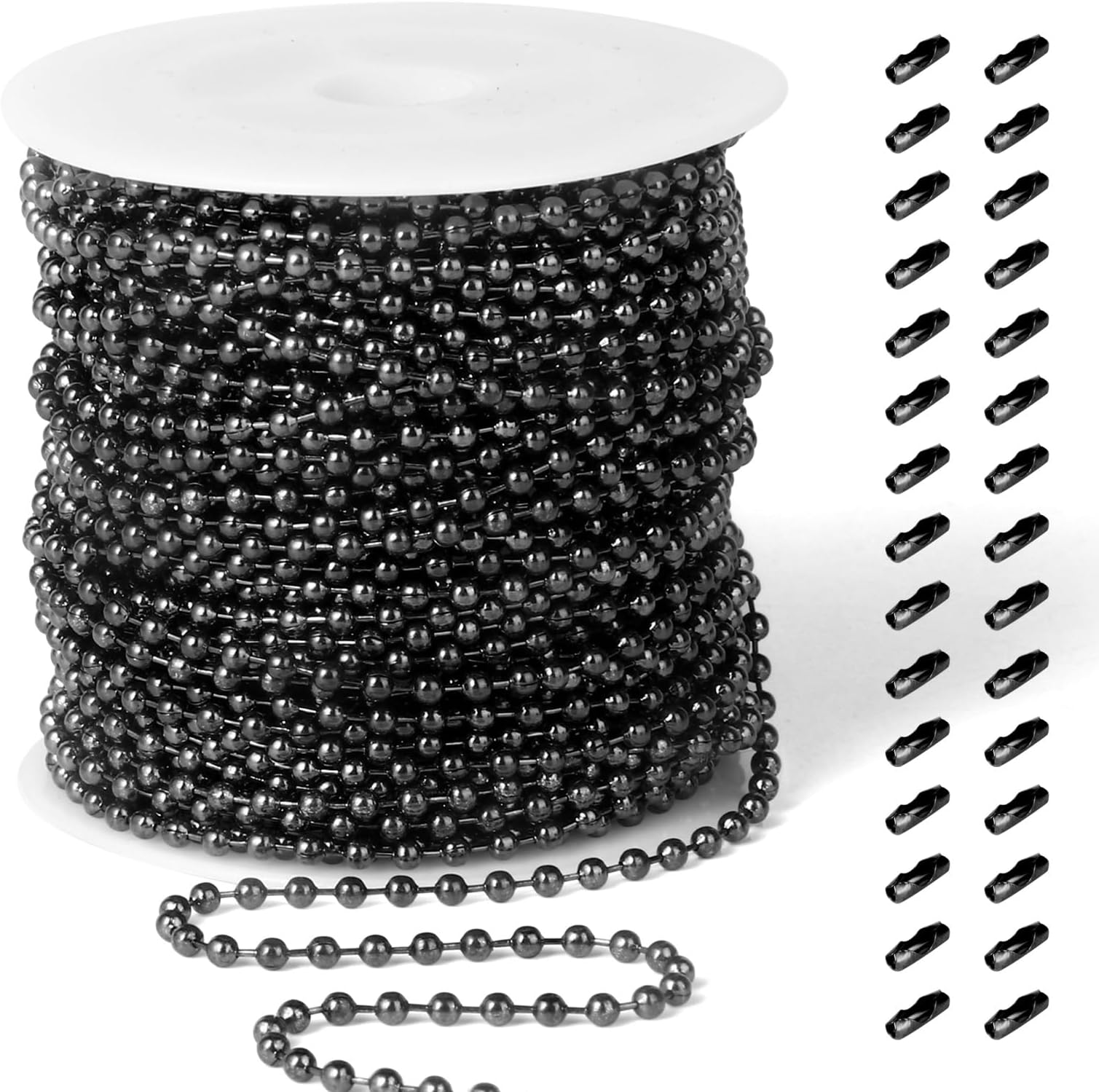 [50 Feet] Black Stainless Steel Ball Bead Chains Roll, 2.4mm Width 304 Stainless Steel Ball Chains Spool with 30 PCS Connectors Bulk for Jewelry Making