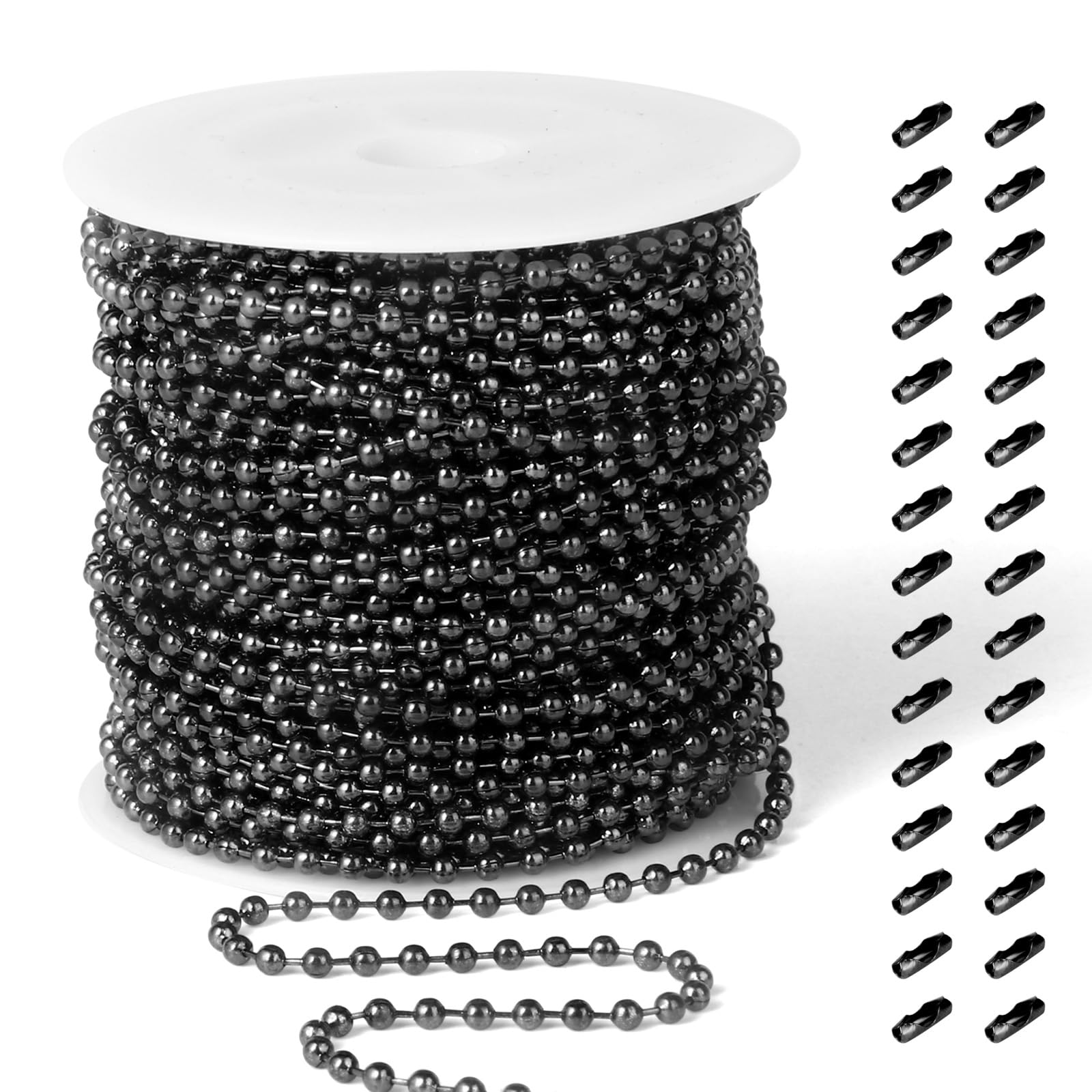 [50 Feet] Black Stainless Steel Ball Bead Chains Roll, 2.4mm Width 304 Stainless Steel Ball Chains Spool with 30 PCS Connectors Bulk for Jewelry Making