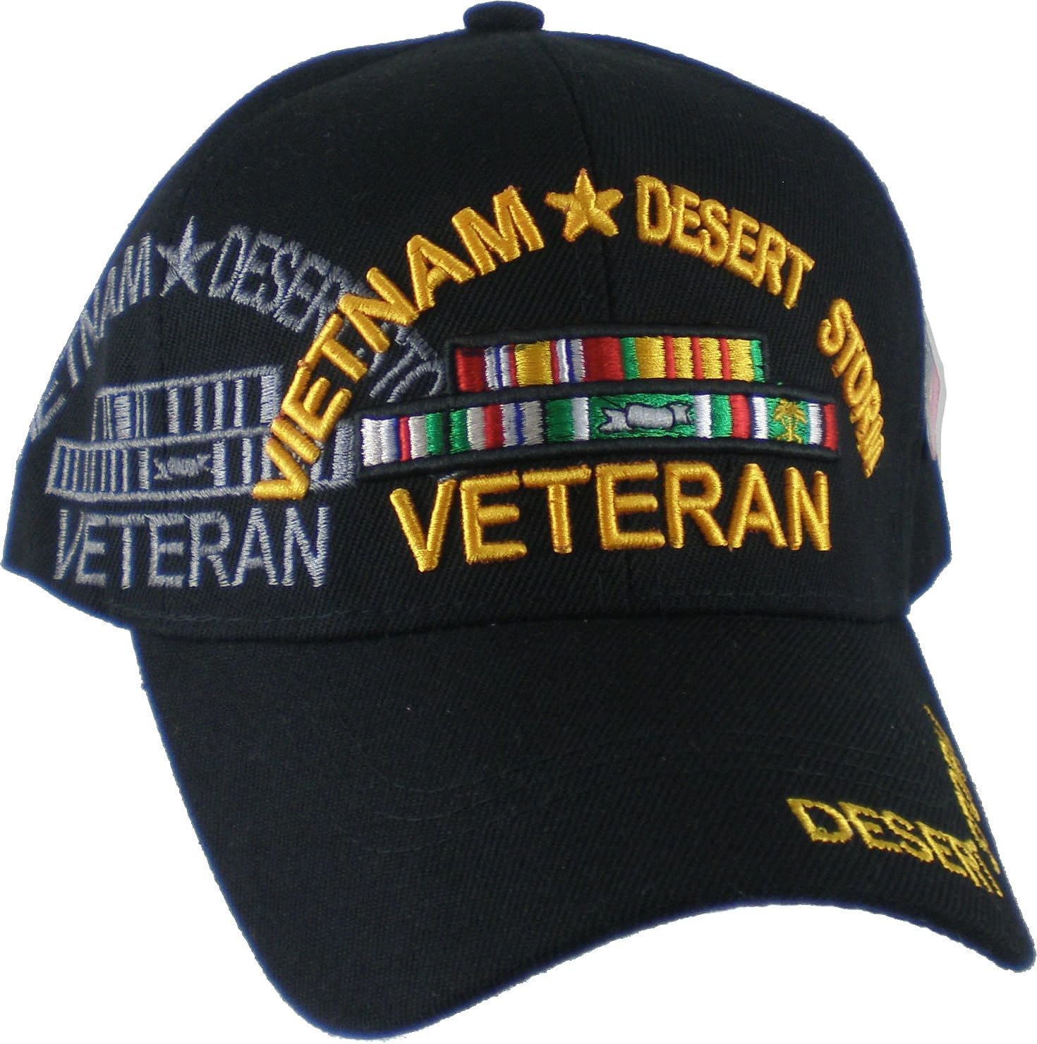 Vietnam + Desert Storm War Veteran Ribbon Shadow Mens Cap [Baseball Cap - Black - Adjustable] - ID#64651