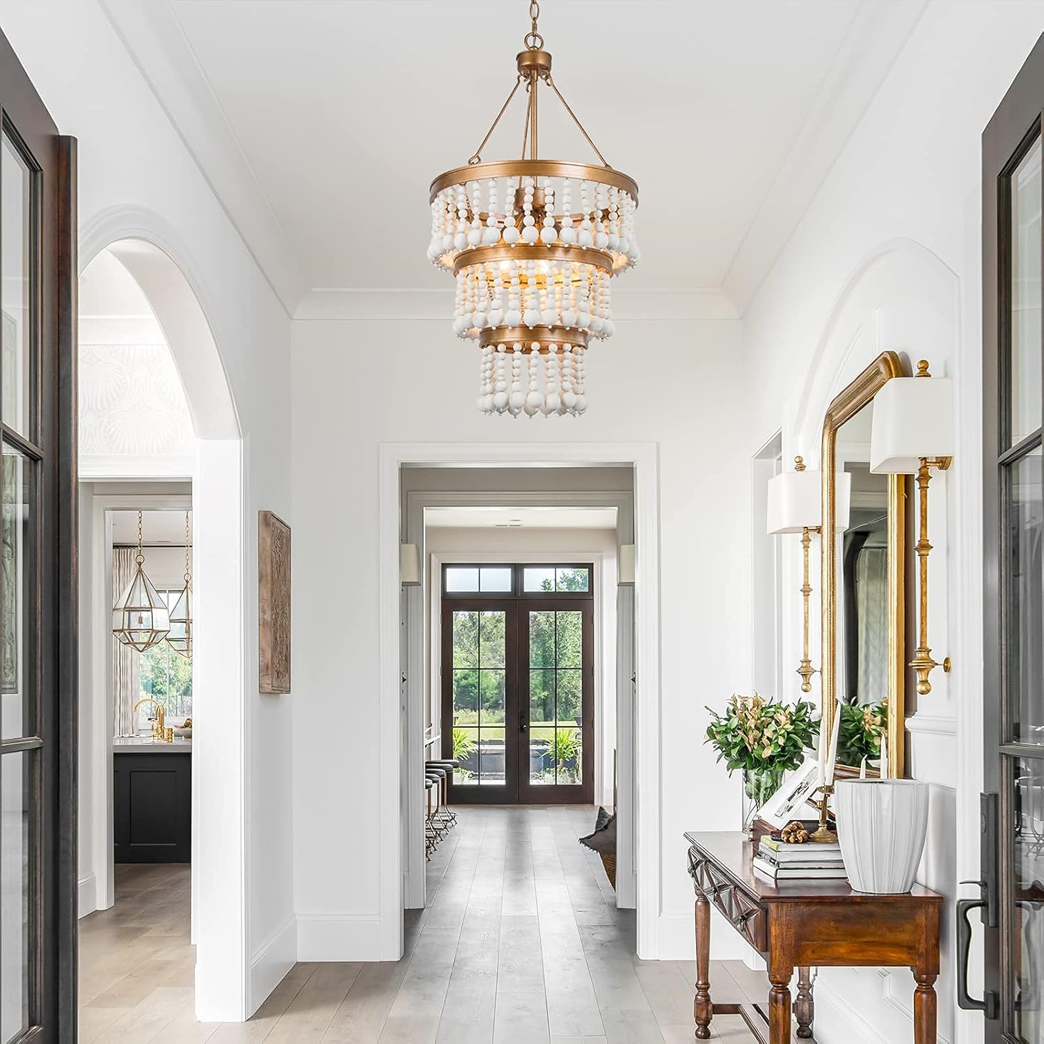 Wood Bead Chandelier, 6-Light Farmhouse Chandelier for Dining Room, 16" Boho Chandelier for Foyer, Living Room, Antique Gold Finish with 3-Tier Handmade White Wood Beads - - 