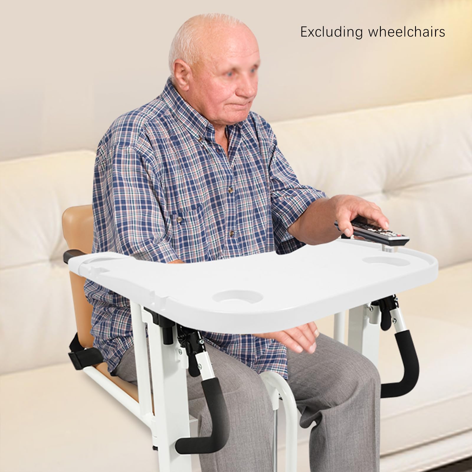 Tablett für Rollstuhl mit Becherhalter, ABS Kunststoff Rollstuhl Schoßtablett, Abnehmbar, Einfach zu Installieren, Rollstuhl Tablett Gesamtbelastbarkeit 80kg, 58 * 53cm (Weiß)