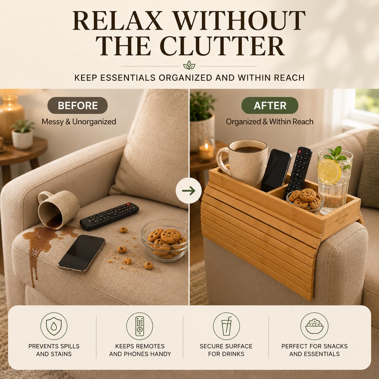 Bandeja de bambú para reposabrazos de sofá, bandeja plegable con portavasos desmontable, mesa antideslizante 2 en 1 para bebidas, teléfono, control remoto de TV, aperitivos