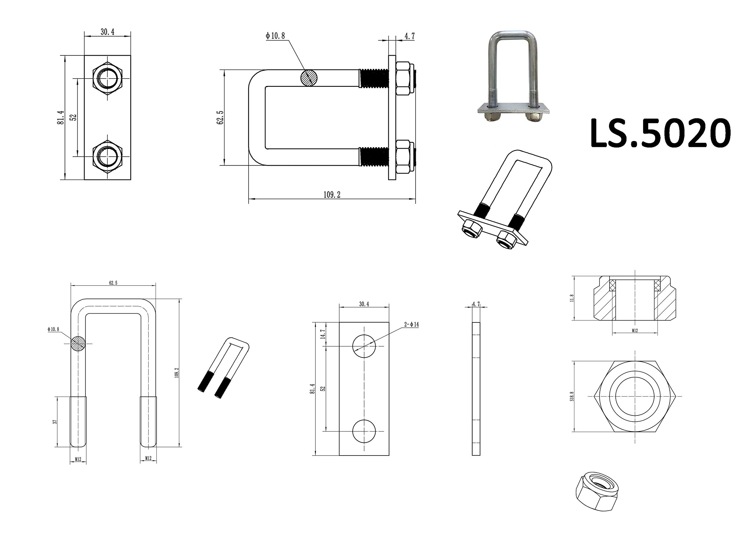 Occhielli Zincati 800 DaN Occhielli Per Rimorchio Zincati - Forza Trazione 800 DaN, Con Contropiastre, Set Da 4 Pezzi Ruotino Per Rimorchio