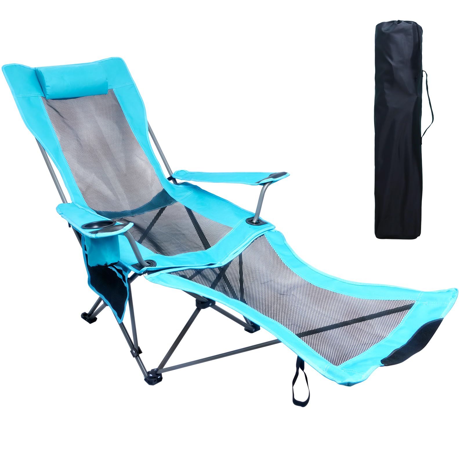Camping Lounge Chair, Portable Camping Chair with Footrest, Folding Reclining Camping Chair,Storage Bag & Headrest, Mesh Recliner, 330lbs Weight Capacity (Sky Blue)