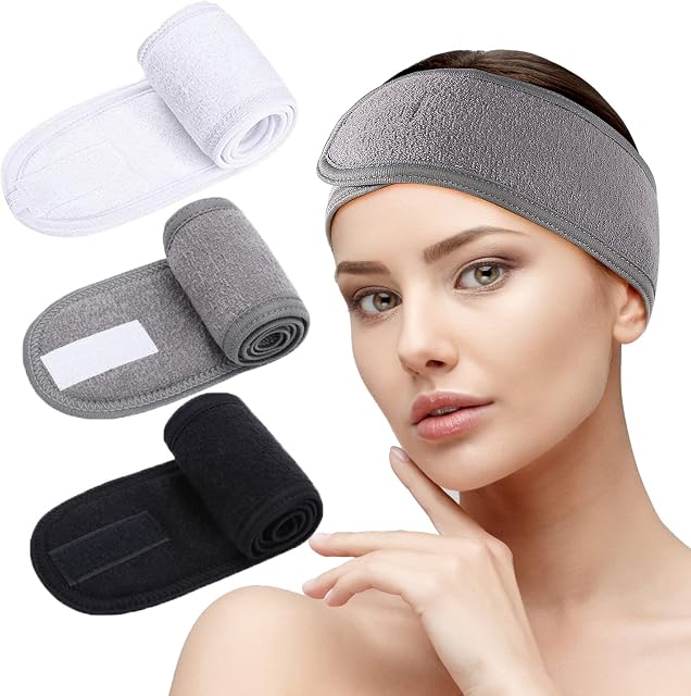 Spa Facial Headband - 3 PCS Make Up Wrap Head Shower Sport Terry Cloth Headband Adjustable Stretch Towel With Magic Tape
