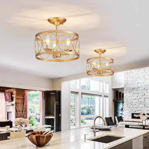 Miniatura 5 de LOOYD Lámpara de techo semiempotrada de 3 luces, lámpara de techo de granja para cocina, dormitorio, sala de estar, cocina, pasillo (dorado)