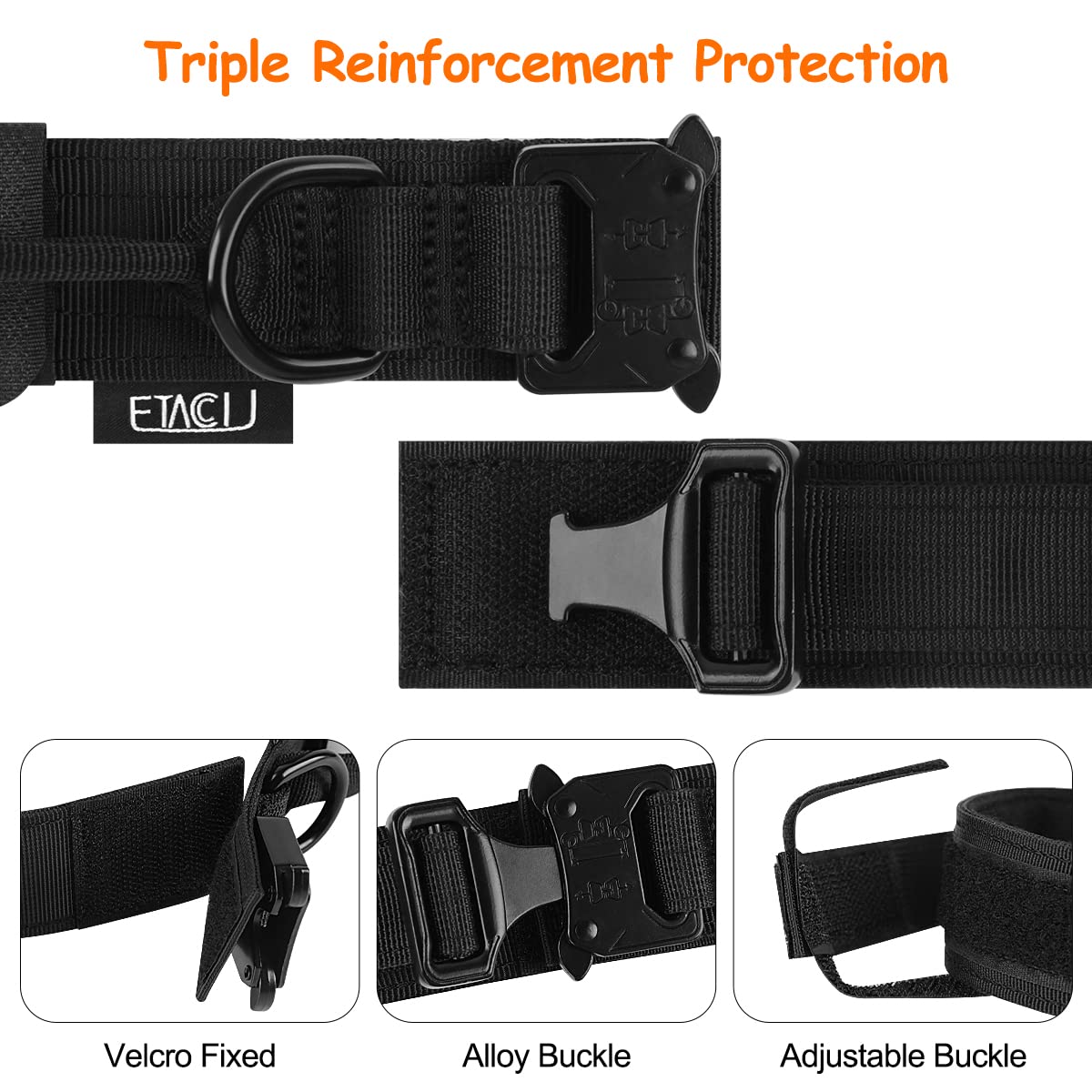 Retoo Tactische hondenhalsband voor grote honden, 45-65 cm, verstelbaar, 45 mm breed, met metalen gesp en trekgreep, scheurvaste riem, XL Quick Release
