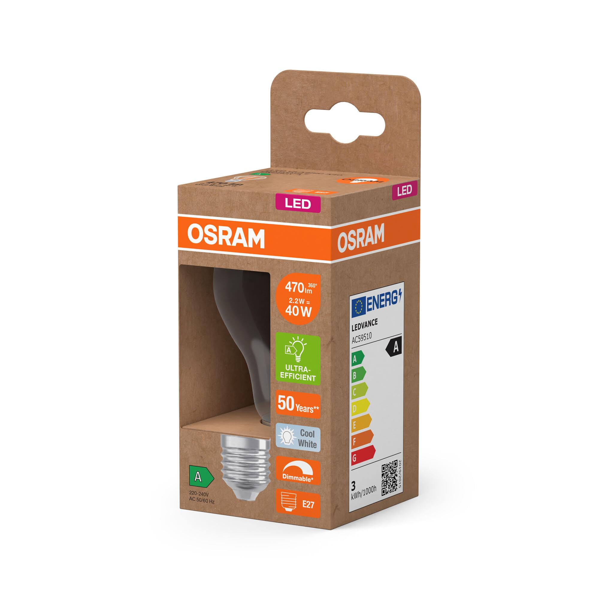 OSRAM Lámpara LED Energy Class con forma de bombilla clásica, 2,2 W / 470 | , LED Lamps, 60.00 Millimetres dia, , Paquete de 6