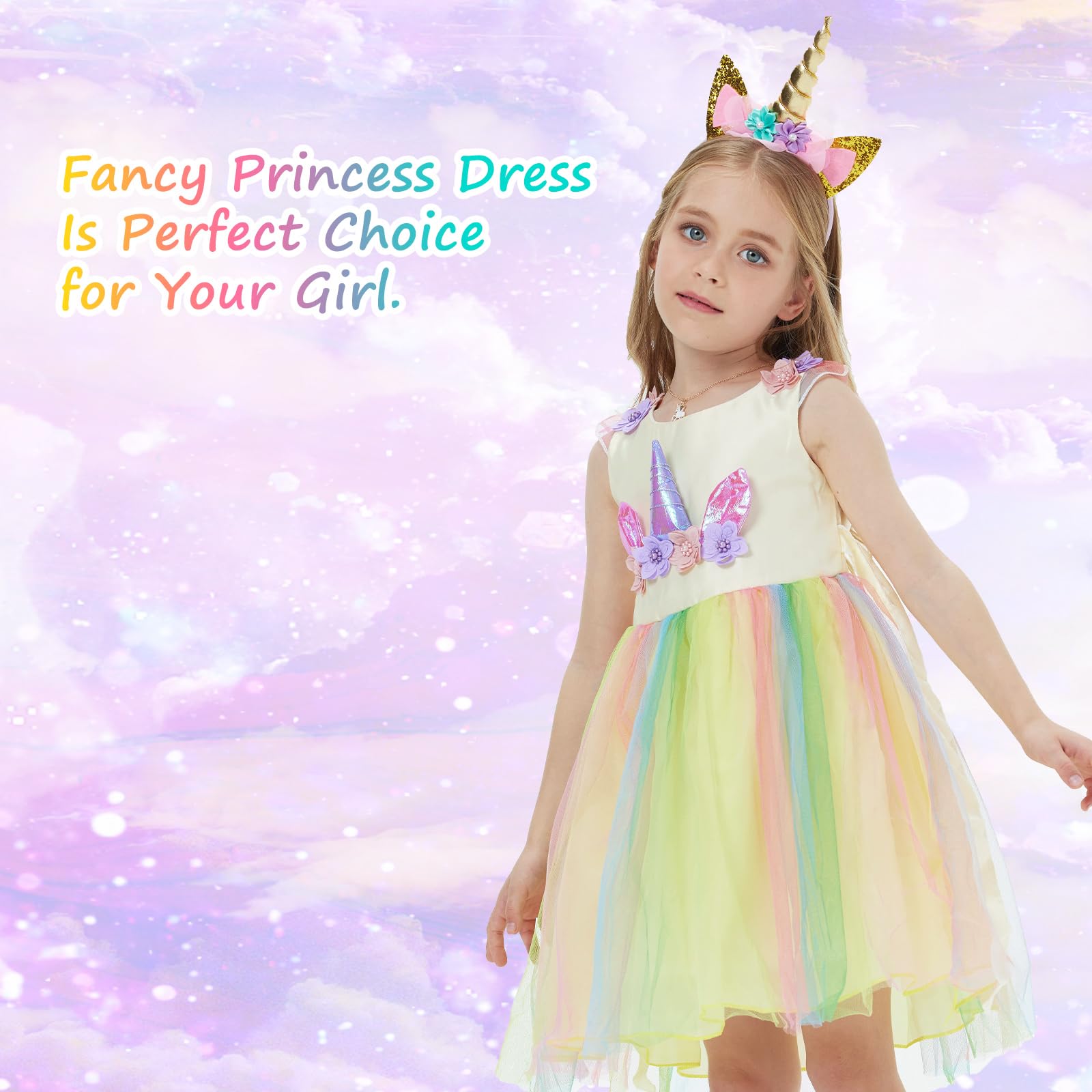 URAQT Vestito da principessa, da bambina, per cosplay, carnevale, feste, matrimoni, principessa, con collana e fascia