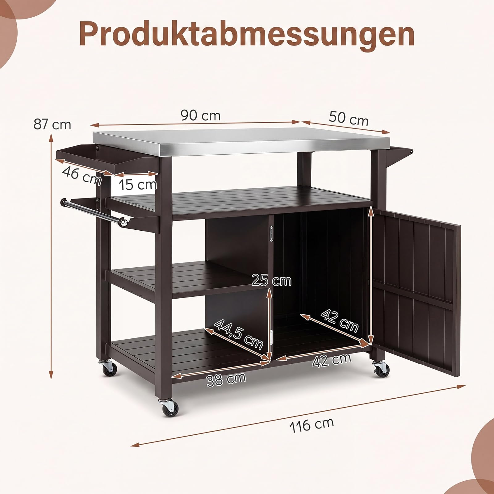 COSTWAY Grillwagen Outdoor, Grilltisch auf Rollen, Servierwagen mit Edelstahlarbeitstisch, 3 Ablagen, Schrank, Gewürzregal & Griff, Beistelltisch für BBQ, Hinterhof Garten Terrasse, Metall, Braun