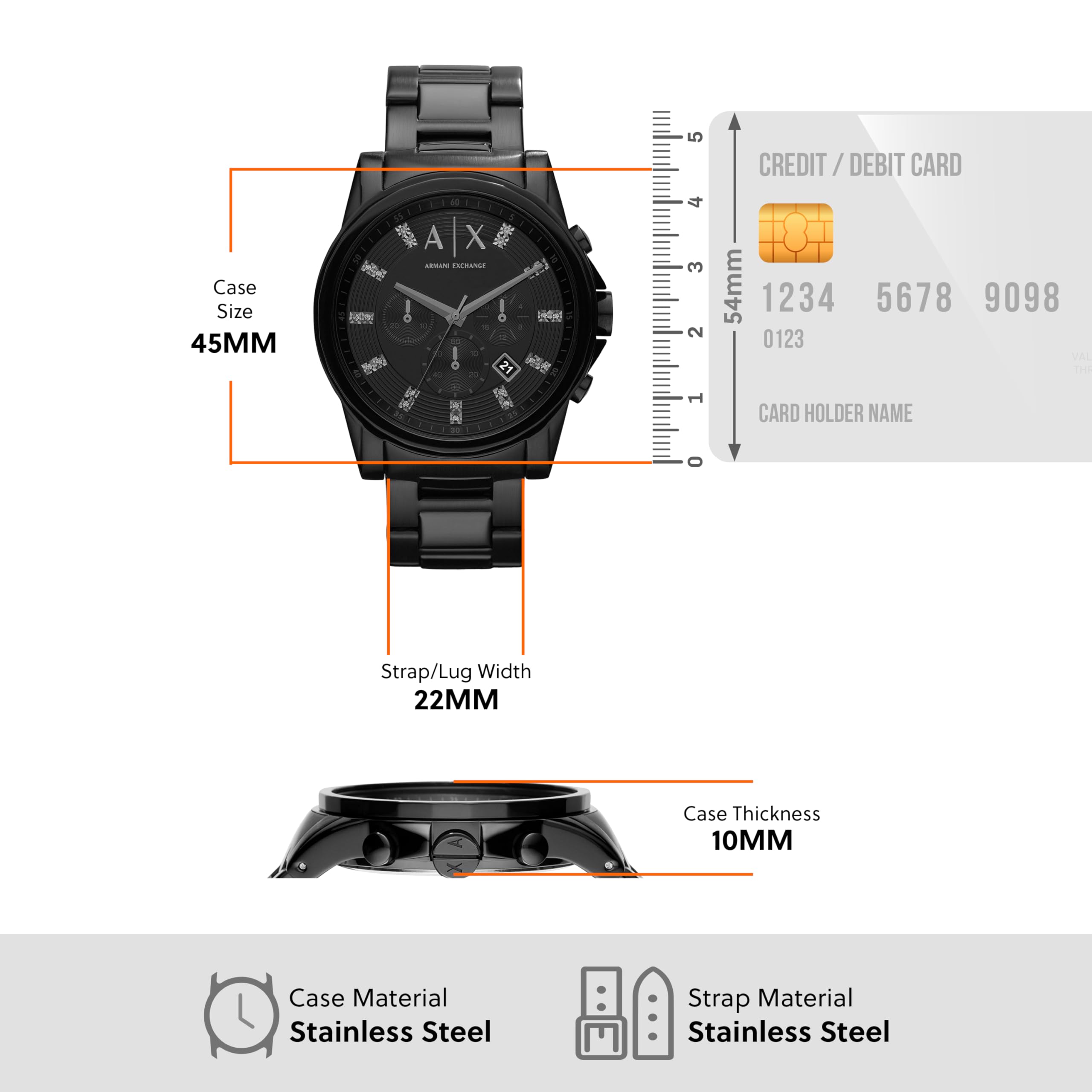 Armani Exchange Orologio da uomo, movimento cronografo, orologio in acciaio inossidabile con cassa da 45 mm
