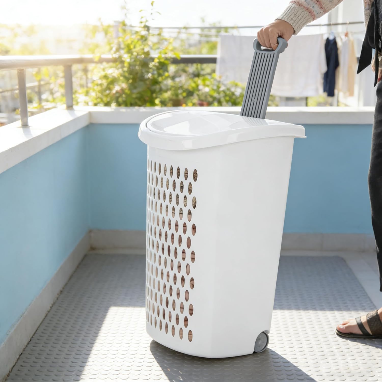 【2-Pack】White Wheeled Laundry Hamper with Handle for Easy Transport, Plastic Rolling Clothes Hamper Basket for Bedroom, Bathroom, and Home