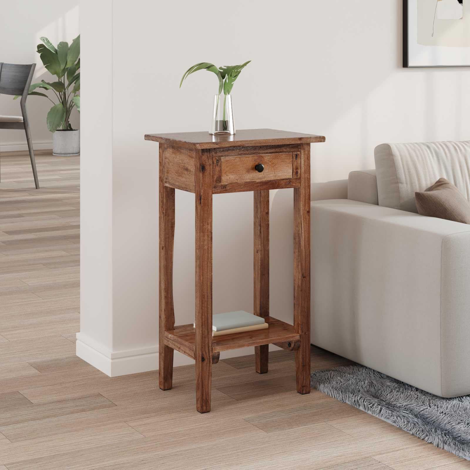 Supporto per piante marrone 34 x 25 x 52 cm, in legno di mogano | Con cassetto, pomelli in ottone, stile rustico, per giardino, terrazza, balcone