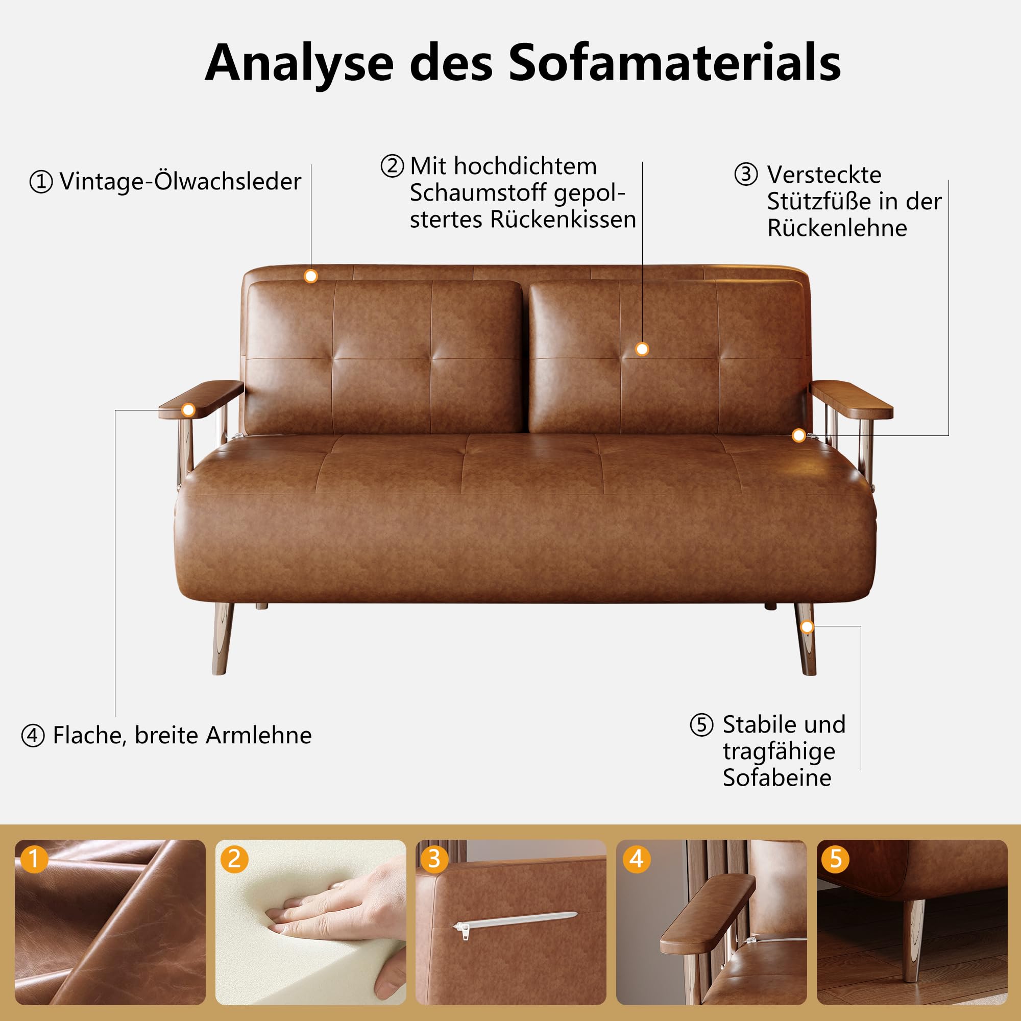 KAANAA Schlafsofa Klappsofa 150 cm, Braun, Lederoptik | 150 cm Breite, Klappfunktion, Lederoptik, Mit Matratze, Metallgestell, Platzsparend, Für kleine Räume