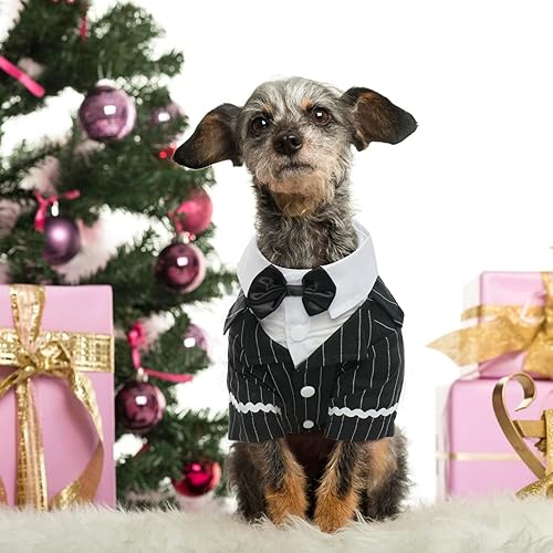 Miniatura 8 de DENTRUN - Traje de esmoquin para perro con corbatín - Camisa formal de rayas negras y blancas, elegante, para mascotas, atuendo de boda, fiesta de