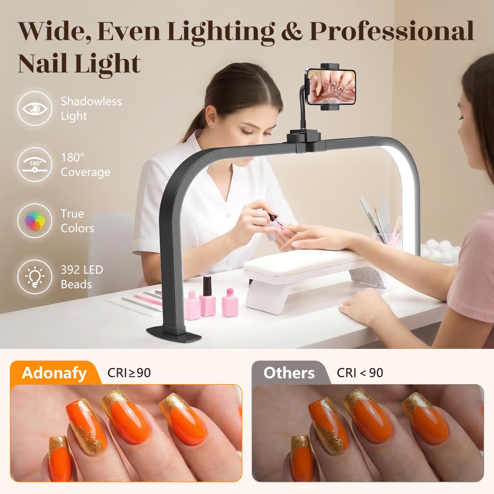 Lampara Media Luna Manicura: 29in Lampara Manicura para Principiantes - 3 Modos de Color y 10 Niveles de Brillo Ajustables Lampara Arco LED Mesa para Cosméticos Lectura - Negro