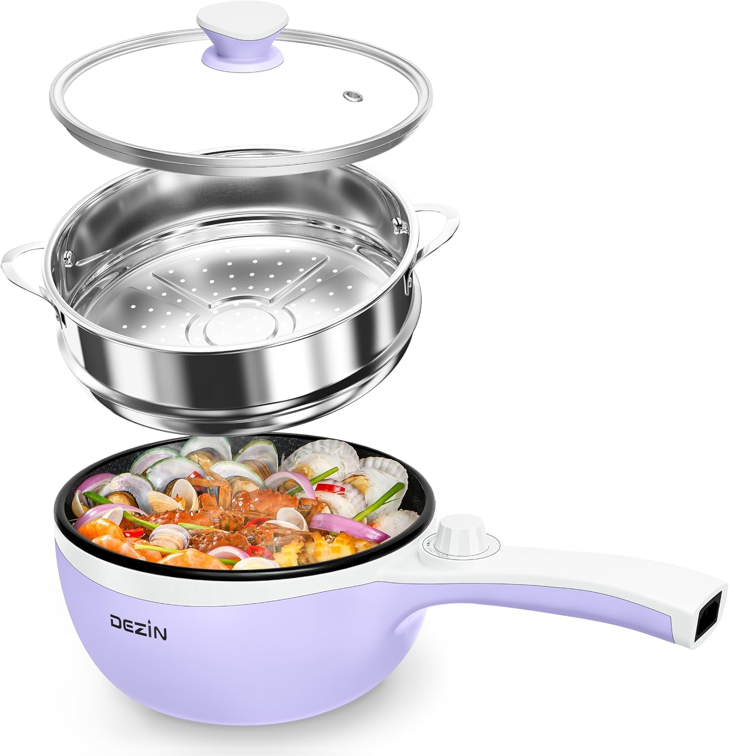 Dezin Hot Pot Electric with Steamer, 1.5L Non-Stick Portable Electric Pot