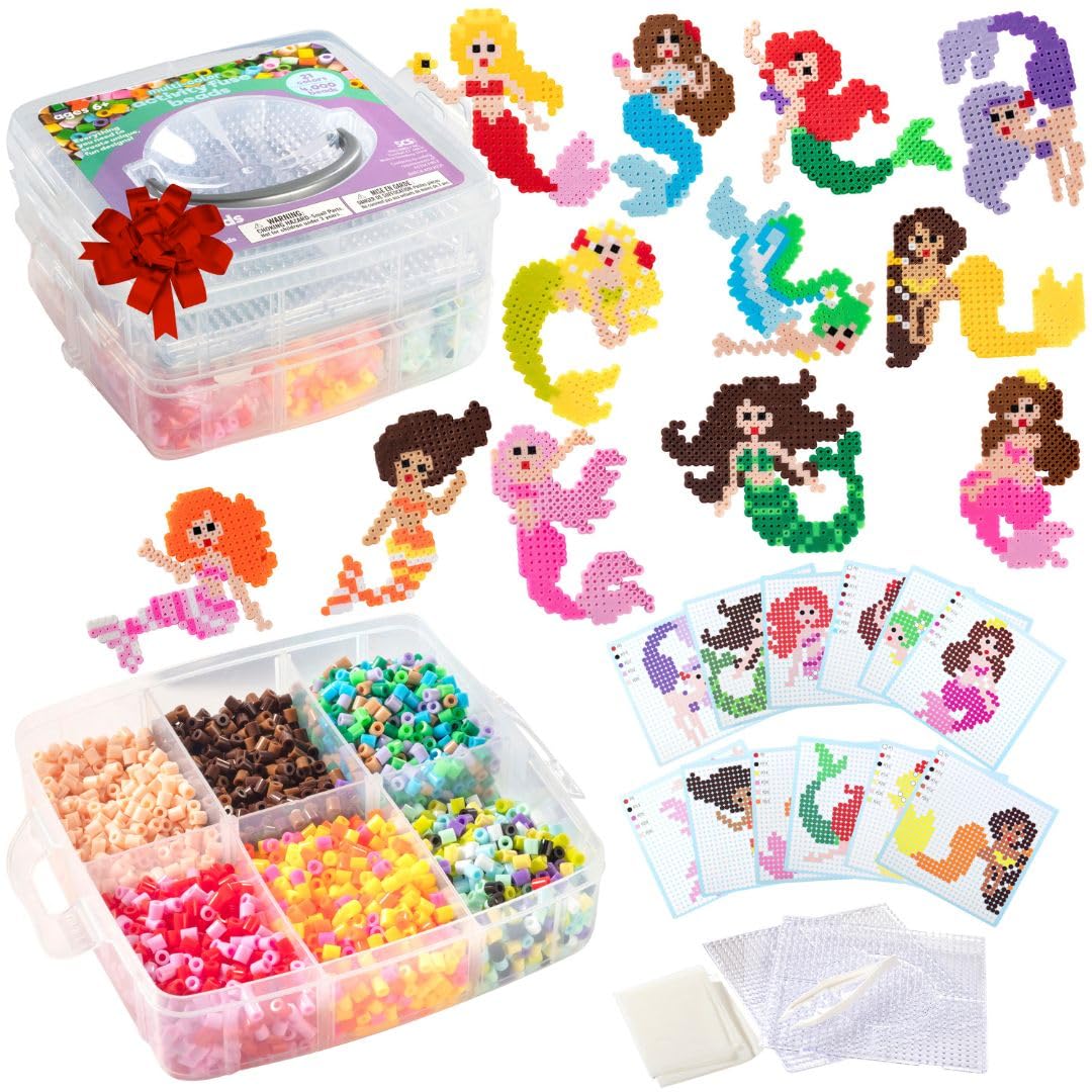 Kit de perles fusibles - 4 000 perles - Sirènes magiques - Comprend 21 couleurs, 2 planches à peg, une pince à épiler, du papier à repasser et des modèles de design - Projet de bricolage pour la