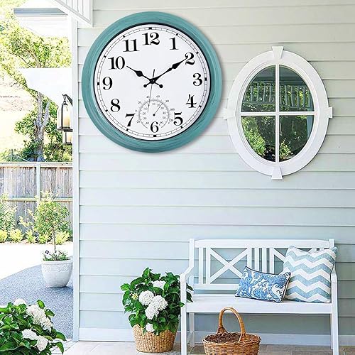 Miniatura 2 de QWARVEL Reloj grande de 16 pulgadas para exteriores, reloj retro impermeable para interiores y exteriores, reloj sin tictac con termómetro, reloj de