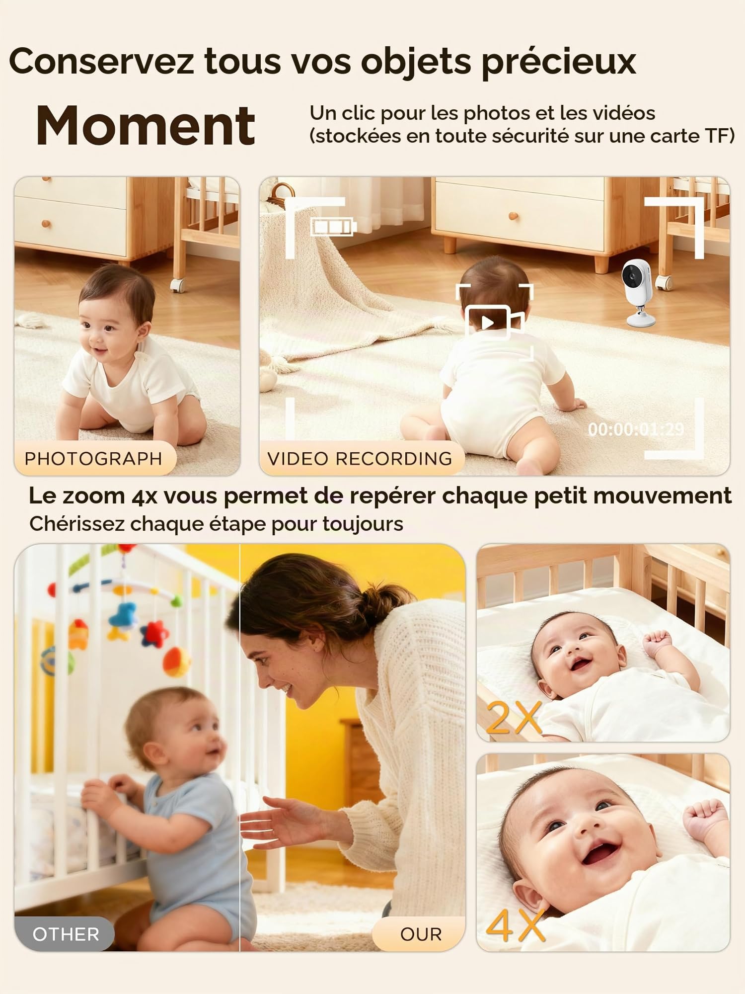 NUOTUN Babyphone Camera avec Clip et Support pour Lit, 1080P Camera Bebe Surveillance sans WiFi, Vision Nocturne （63-UK）