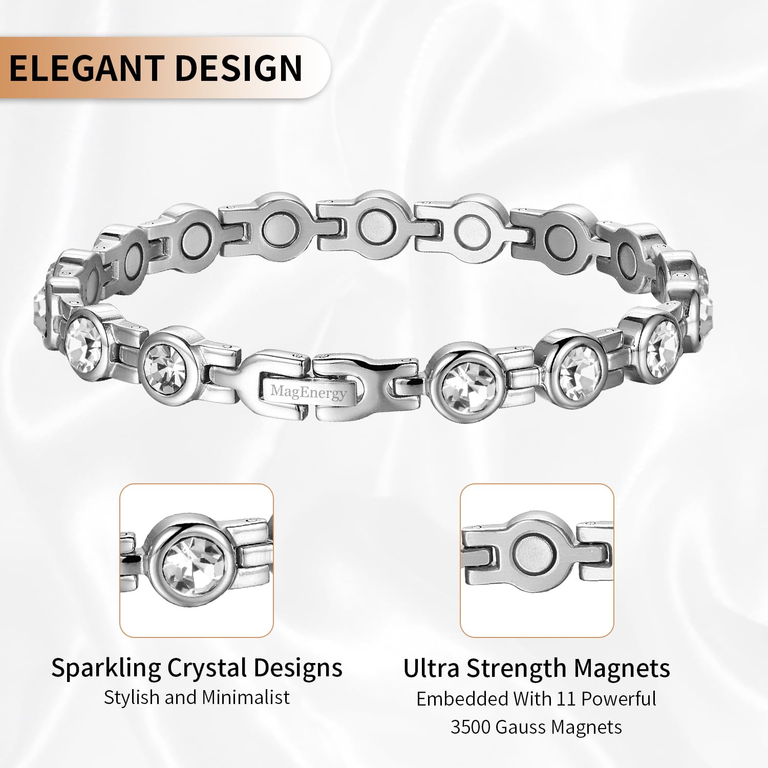 MagEnergy Pulseras de acero de titanio, pulsera magnética de cristal para mujer, mamá, madre, regalo del día de Acción de Gracias (plata), Acero de titanio