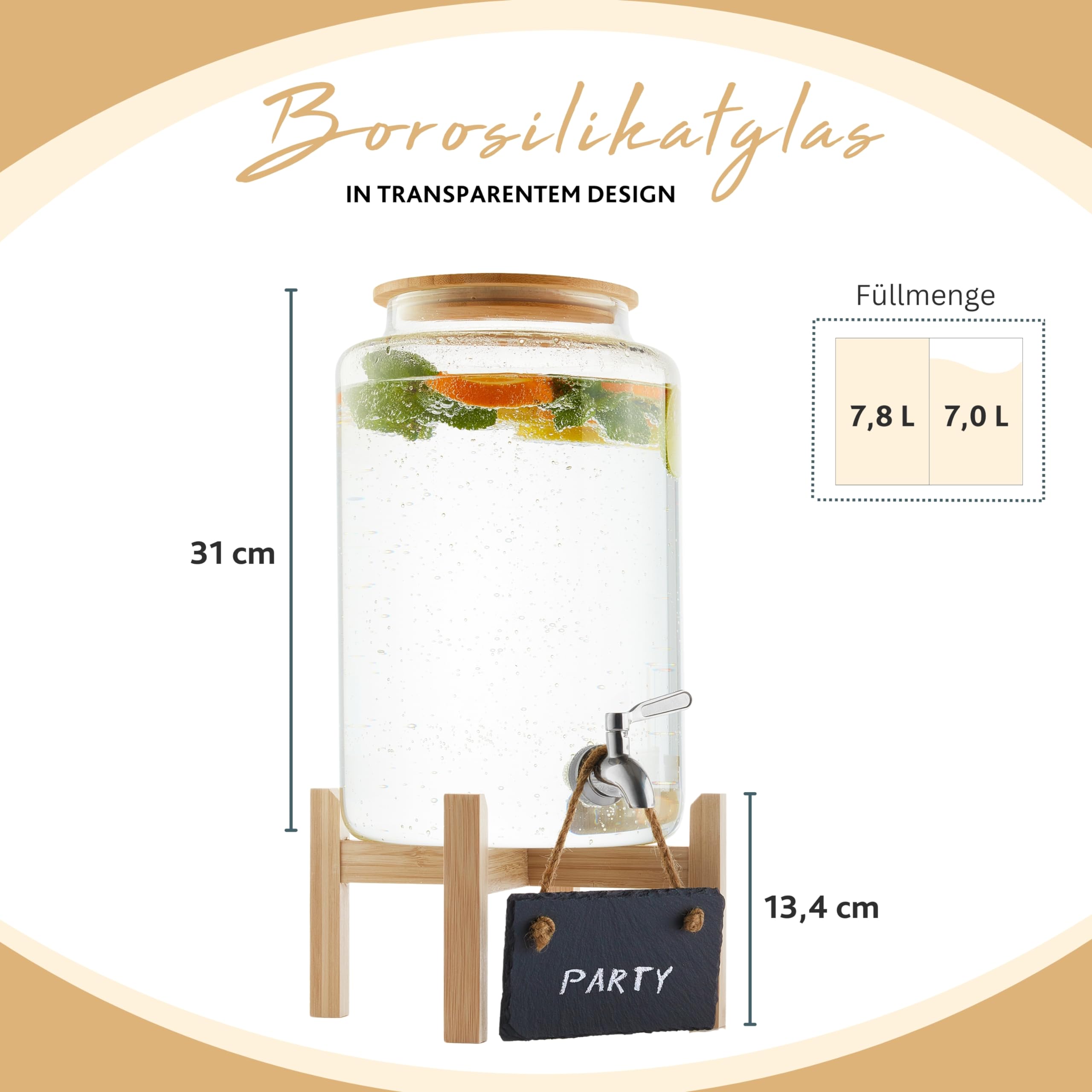 Sänger Juego de cuencos con pajitas de cristal y vasos, recipiente con tapa de madera, dispensador de bebidas con grifo, incluye 6 vasos, dispensador de bebidas para vino caliente y bote, recipiente