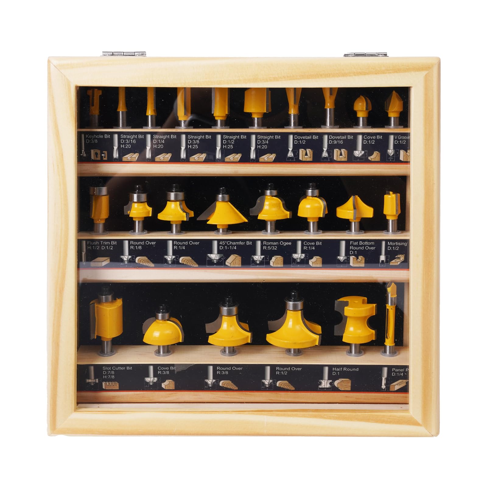 24-Piece Tungsten Carbide Tipped Router Bit Set, 1/4 Shank, Visible Wooden Storage Case with Size Index, for Woodworking Beginners & Professionals