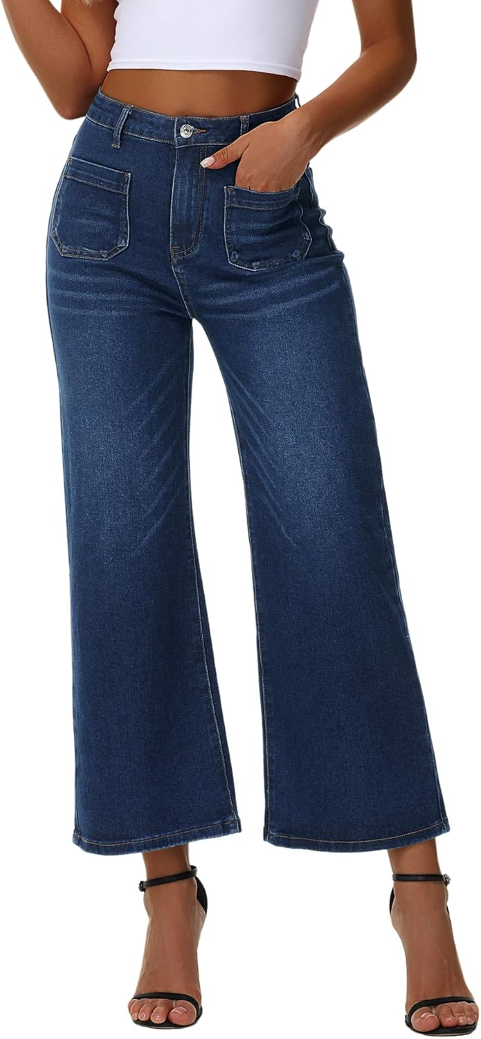 Genleck Women's Wide Leg Jeans – Cropped High Waisted Petite Trendy Jeans Button Stretchy Capri Baggy Loose Fit Denim Pants
