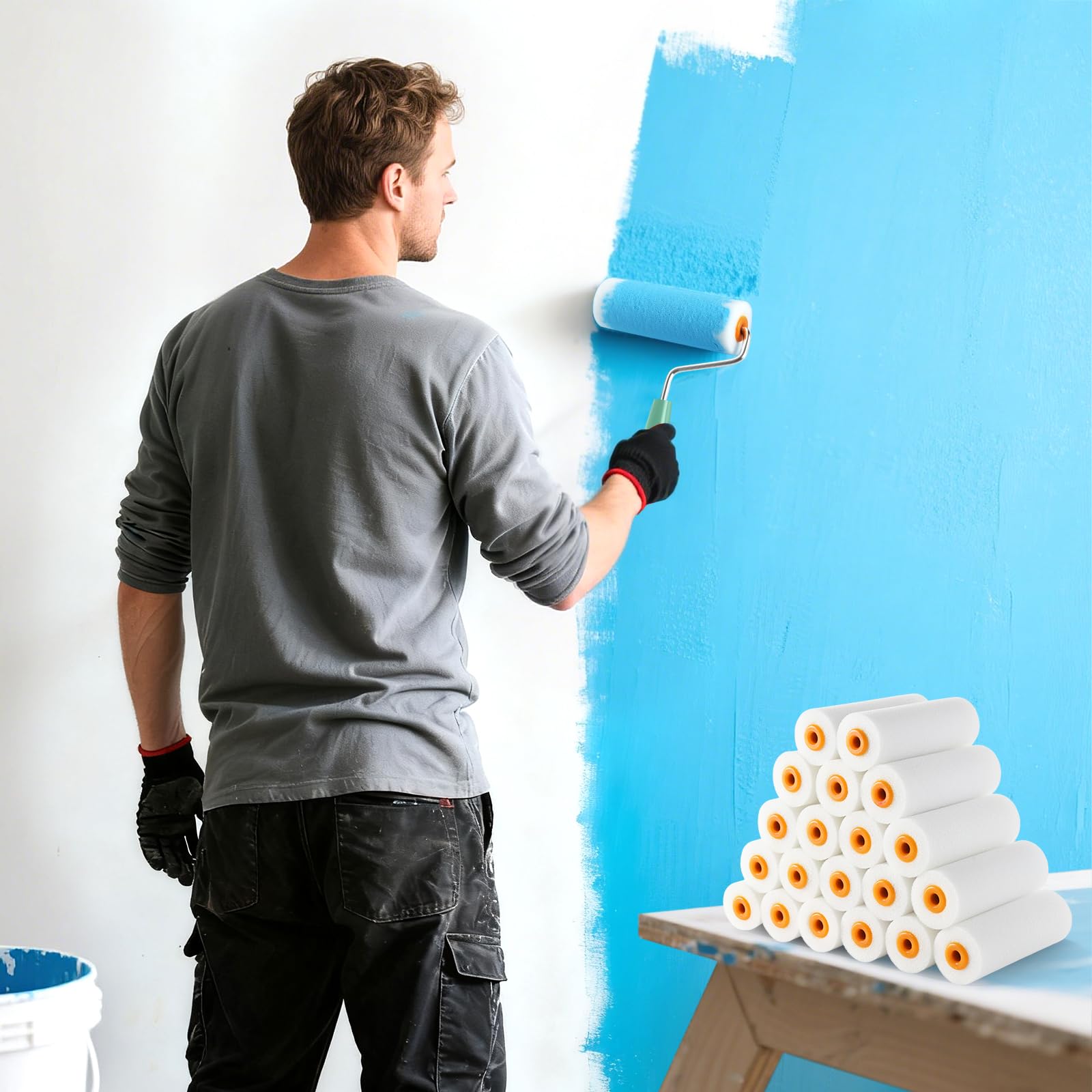 Set de 20 Rodillos Espuma Pintura, Rodillo Pintura 10cm con Mango Guante, Rodillo de Espuma, Rodillo de Pintura para Todas las Superficies Lisas, Puertas, Mesas, Paredes, Armarios