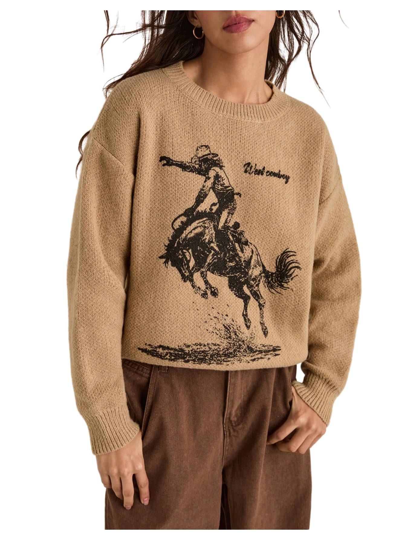 WDIRARA Womens Graphic Sweater Crew Neck Long Sleeve Pullover Knit Tops Western Sweaters