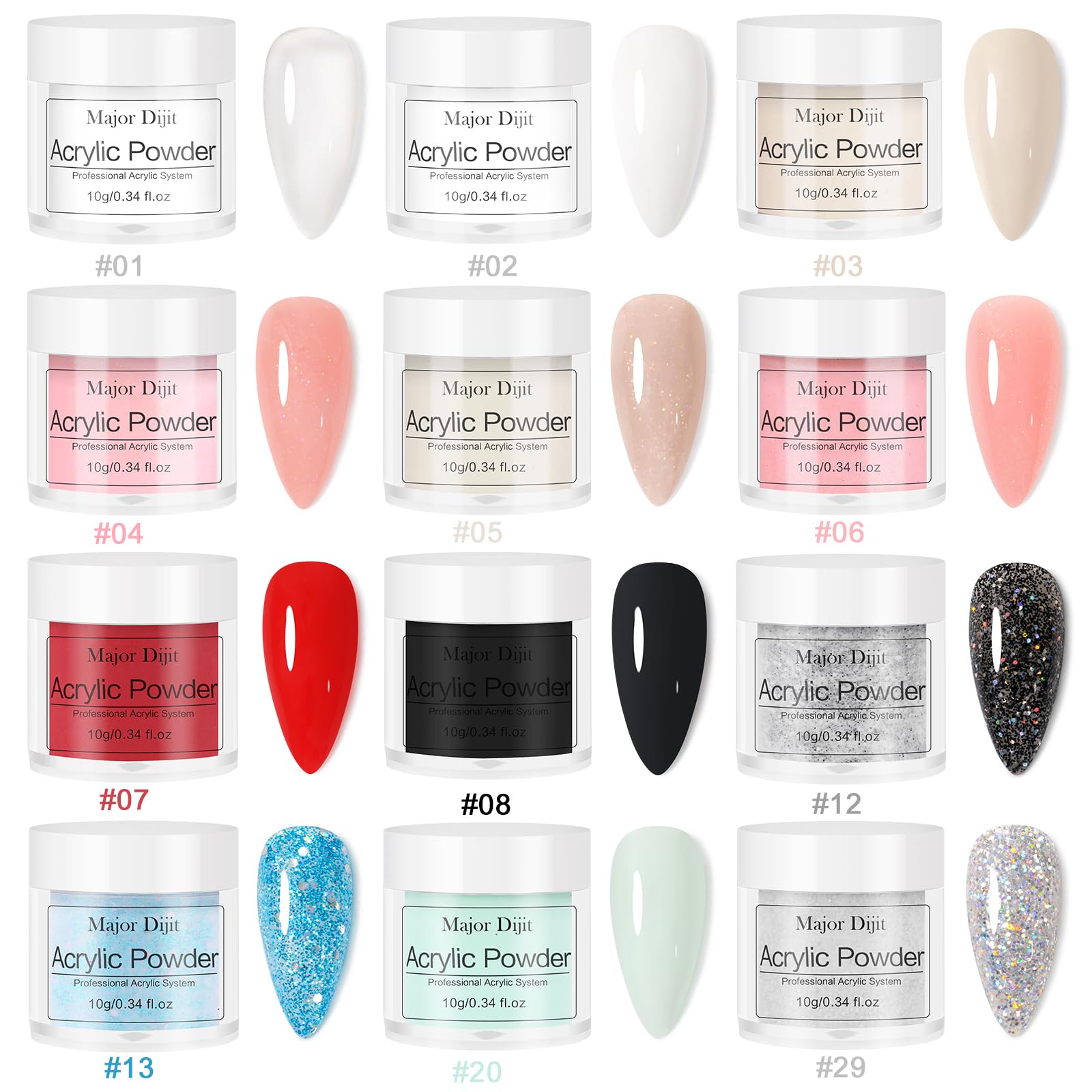 Major Dijit Acryl Nagel Set Komplett-Set mit LED Lampe & Elektro-Feile – 12 Farben Pulver+Monomer, Base-/Topcoat, Tips/Glitzer/Charms | All-inclusive Anfänger-Set mit Zubehör