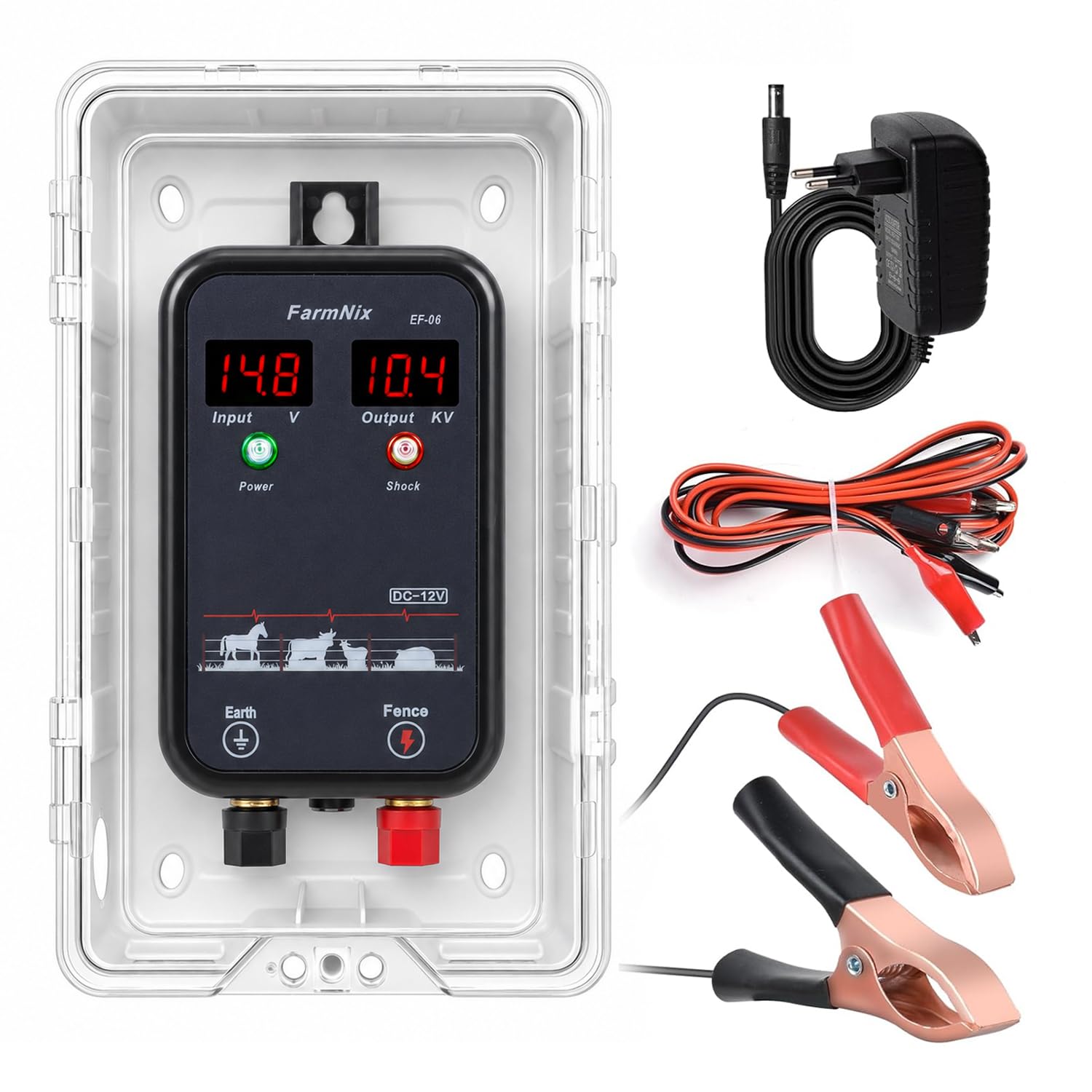 7 KV-13 KV Weidezaungerät mit LED Anzeige, 2J Wasserdicht Elektrischer Weidezaun, 15 KM Reichweite Eelektrozaun für Schutz von Nutztieren,Haustieren,Geflügel, Hausweide,Gärten (Schwarz)