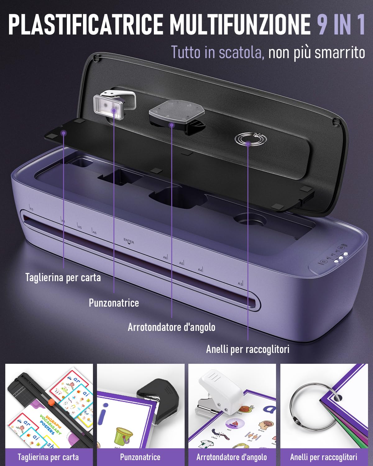 Plastificatrice A3 con 30 Foglio di Laminazione, Caldo e Freddo Plastificatore per A3 A4 A5 A6, 9 in 1 Macchina Plastificatrice con Taglierina e Arrotondatore per Scuola, Ufficio, Casa