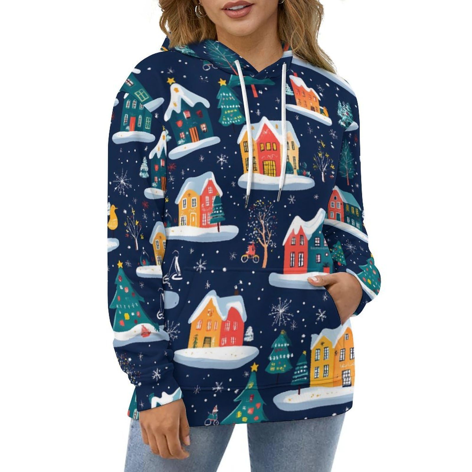 Felpa con cappuccio alla moda con case colorate di Natale per uomo donna manica lunga grafica colorata morbida pullover top