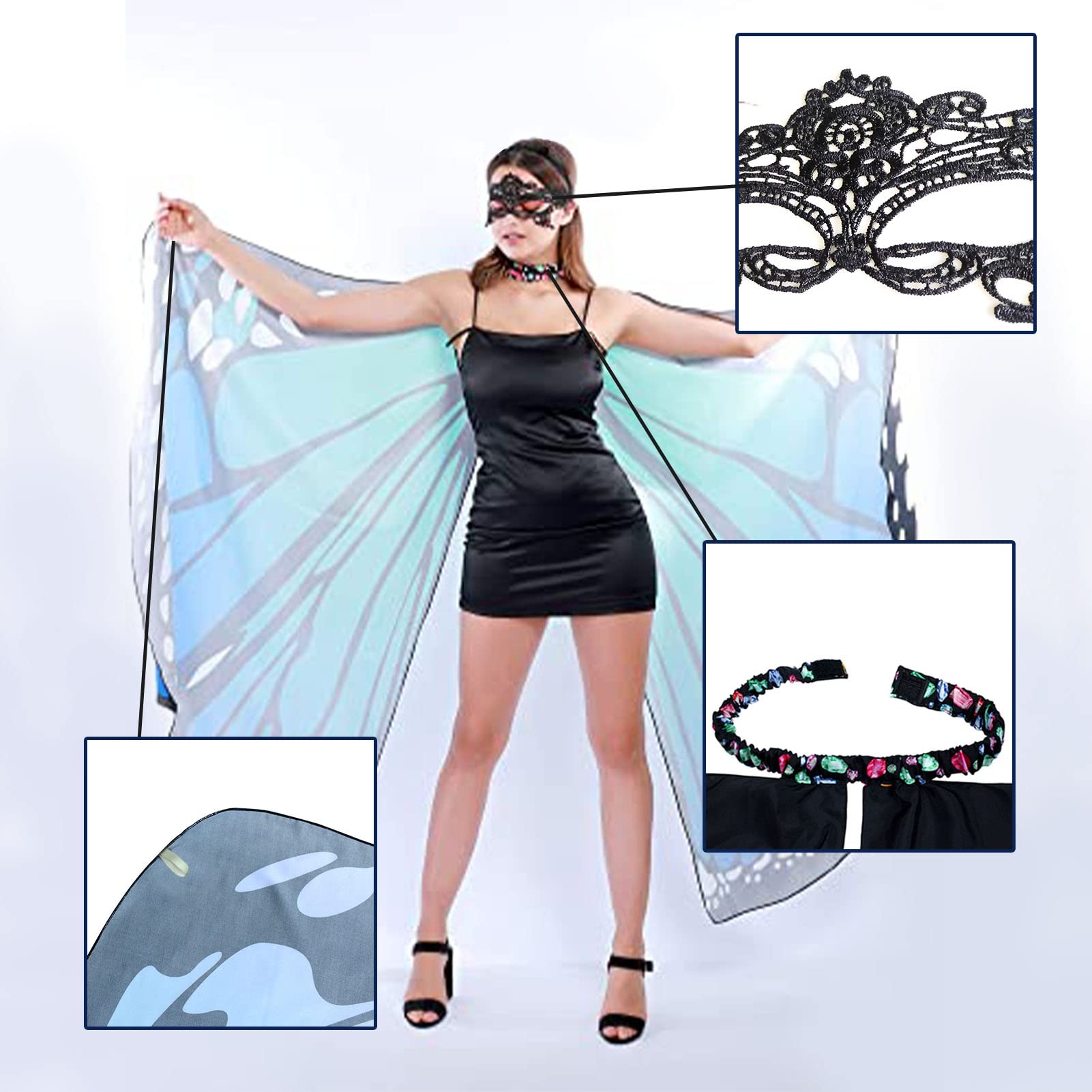 Costume Ailes De Papillon Adulte - 3 Pièces Avec Écharpe, Masque Et Serre-Tête - Déguisement Fête, Halloween Et Cosplay