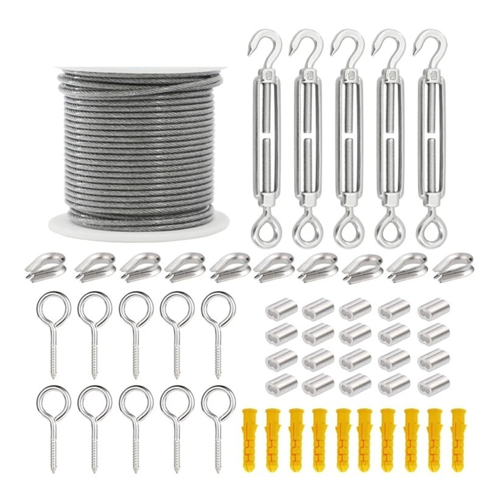 Cable Acero, Cable de Acero 56 unids/Set 50 Metros de Acero Recubierto de PVC Cuerda de Alambre Flexible Cuerda de Alambre Suave Transparente de Acero Inoxidable tendedero diámetro 2mm Kit