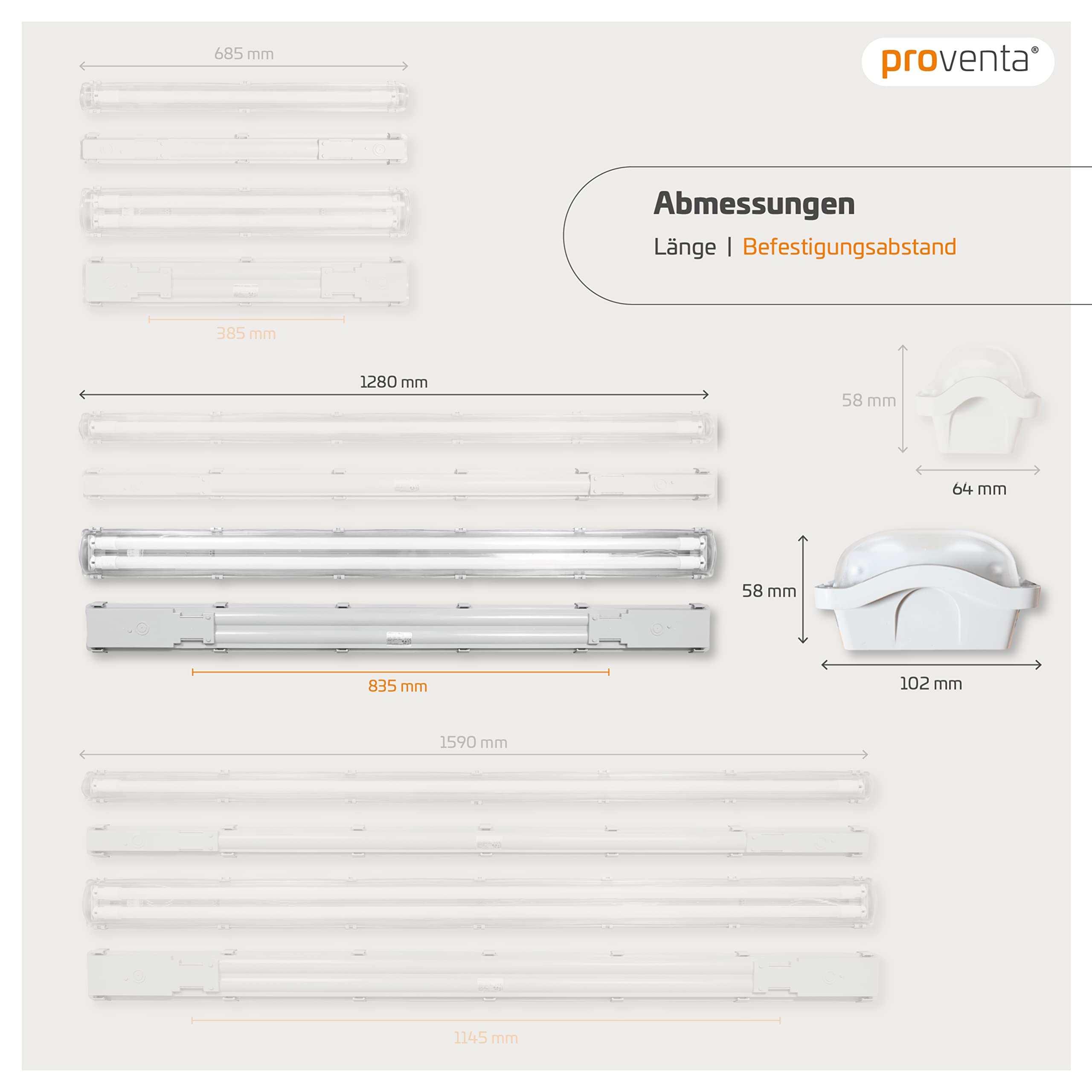 Proventa LED-Feuchtraumleuchte 120cm 36W 2x Röhre G13 kaltweiss - 4x Sparpack