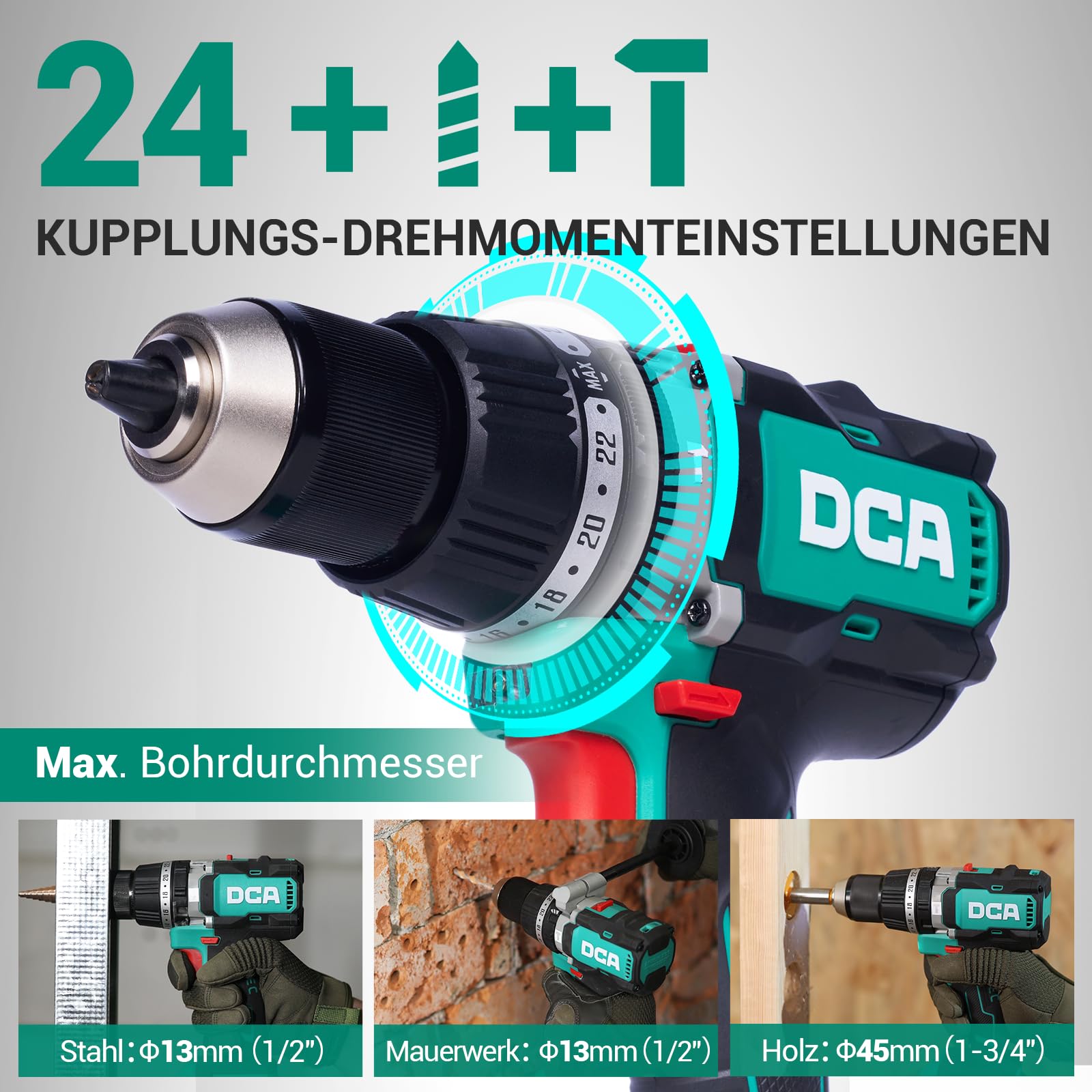 DCA Perceuse-visseuse à percussion 20 V brushless, couple 120 Nm, mandrin métal 13 mm, embrayage 24+1+1, 32000 coups/min, batteries 4,0 Ah pour brique, métal et bois