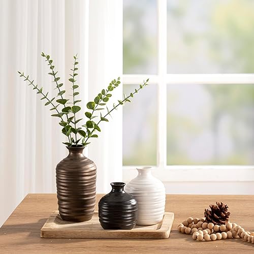 Miniatura 5 de Juego de 3 jarrones de cerámica decorativos para decoración del hogar, decoración moderna de granja, jarrones neutros de cerámica para sala de