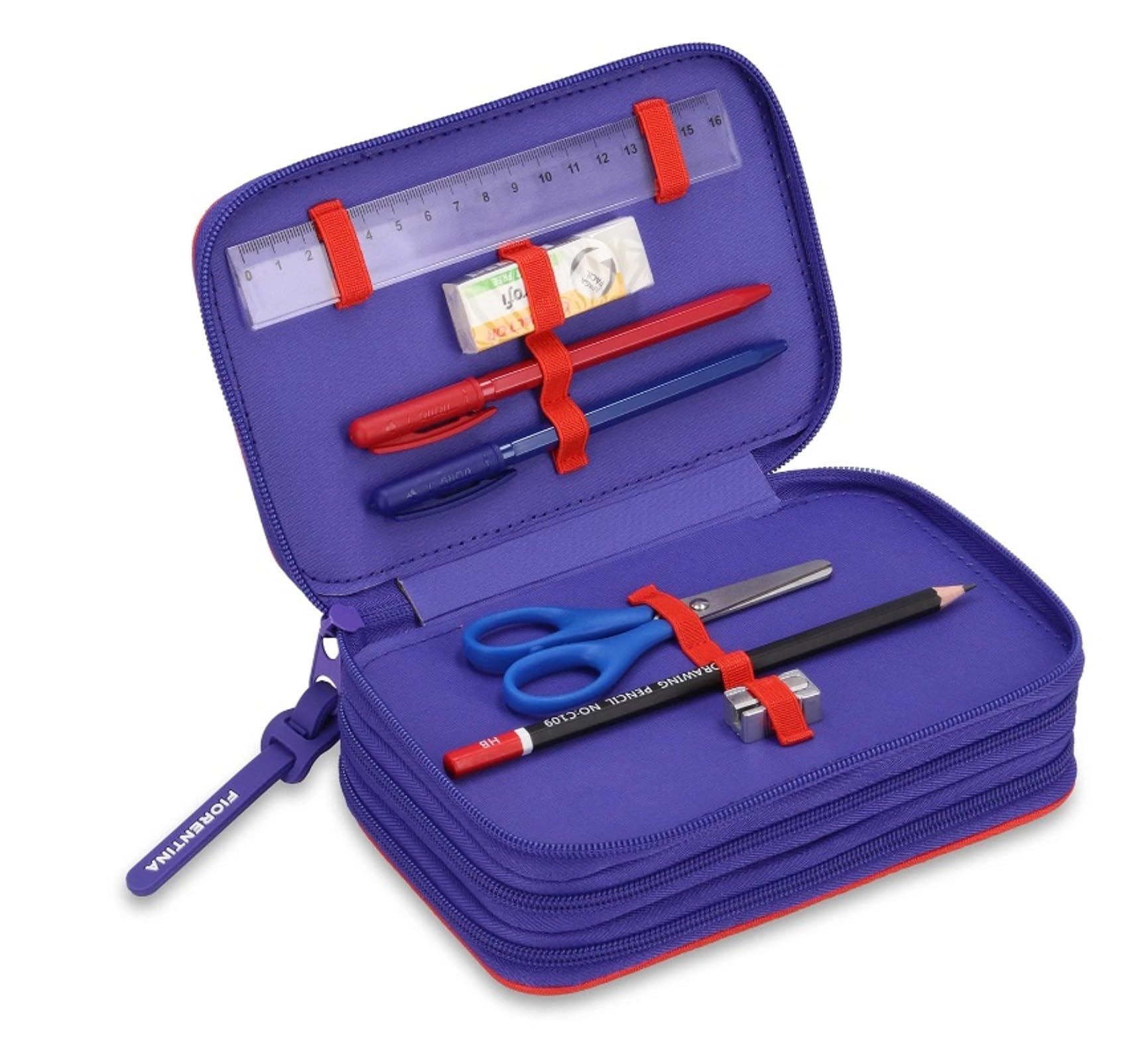 PRESTIGE & DELUXE Astuccio scuola Fiorentina Viola - 3 piani chiusura zip - completo di cancelleria + Astuccio ovale zip + omaggio portachiave
