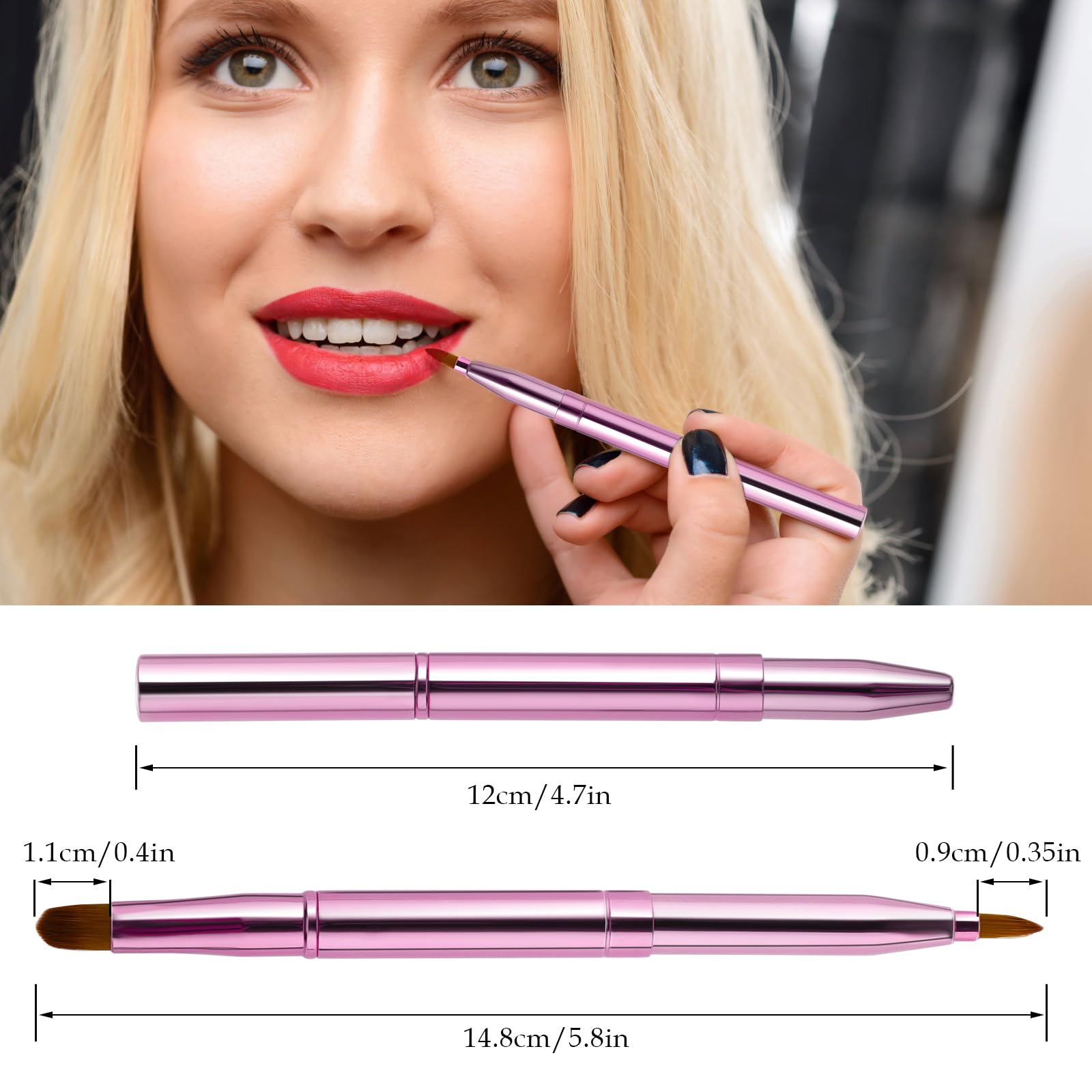 Pinceau de maquillage rétractable portable à double extrémité pour rouge à lèvres brillant pinceaux de maquillage anti-cernes pinceaux contour des lèvres outil de maquillage (rose)