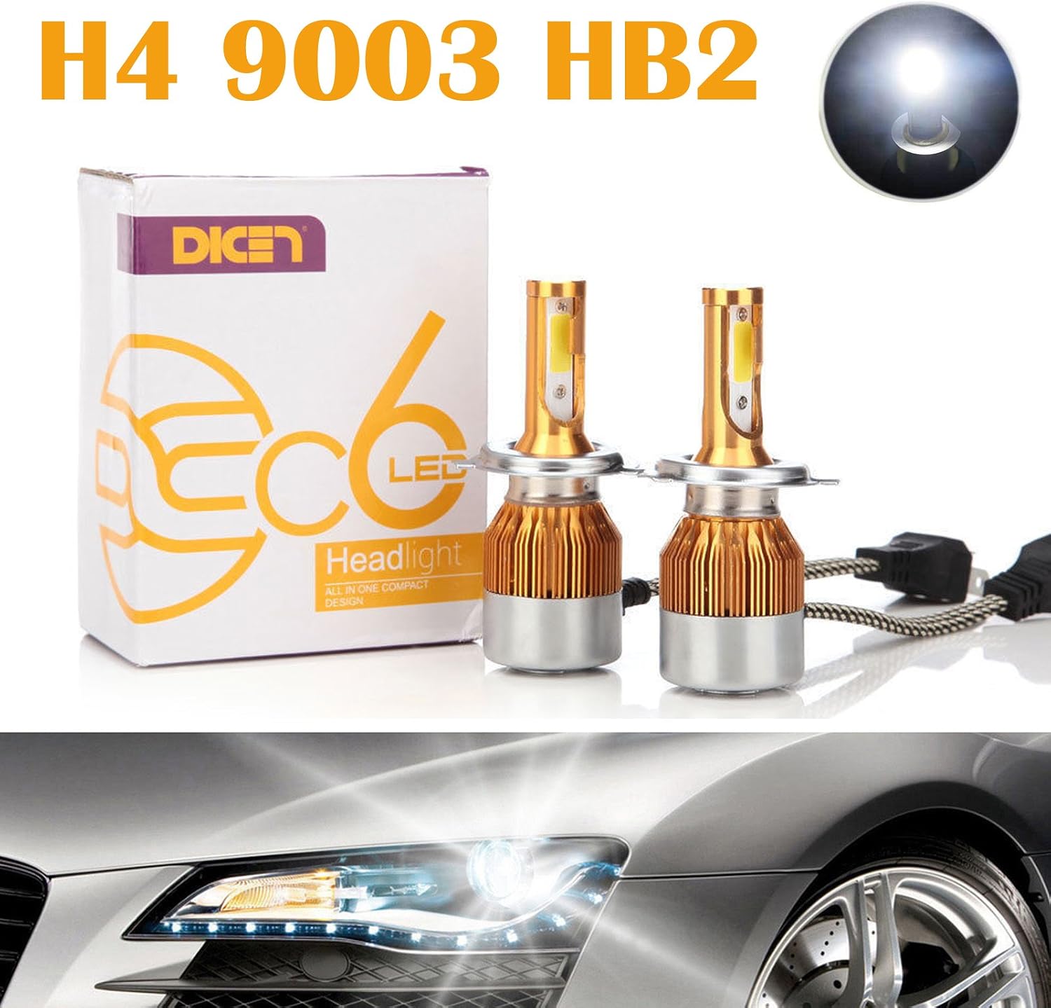 H4 9003 LED Headlight Bulb 6000K 12000LM 120W Hi/Lo Beam Cool White COB Chips Extremely Bright Automotive Headlamp Dual Beam Plug & Play (Pair)