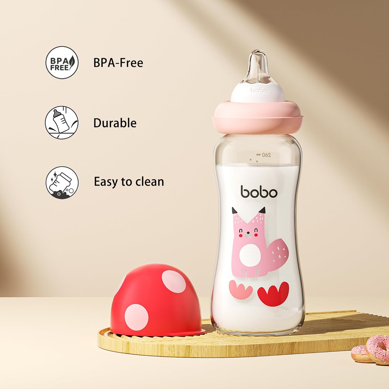 YOHKOH Natural Glass Baby Bottle with Level 2 Medium Flow Nipple, Newborn Anti-Colic Baby Bottles, Wide Neck Mushroom Baby Glass Bottle (8.8ounce (Pack of 2), Multicolour2)