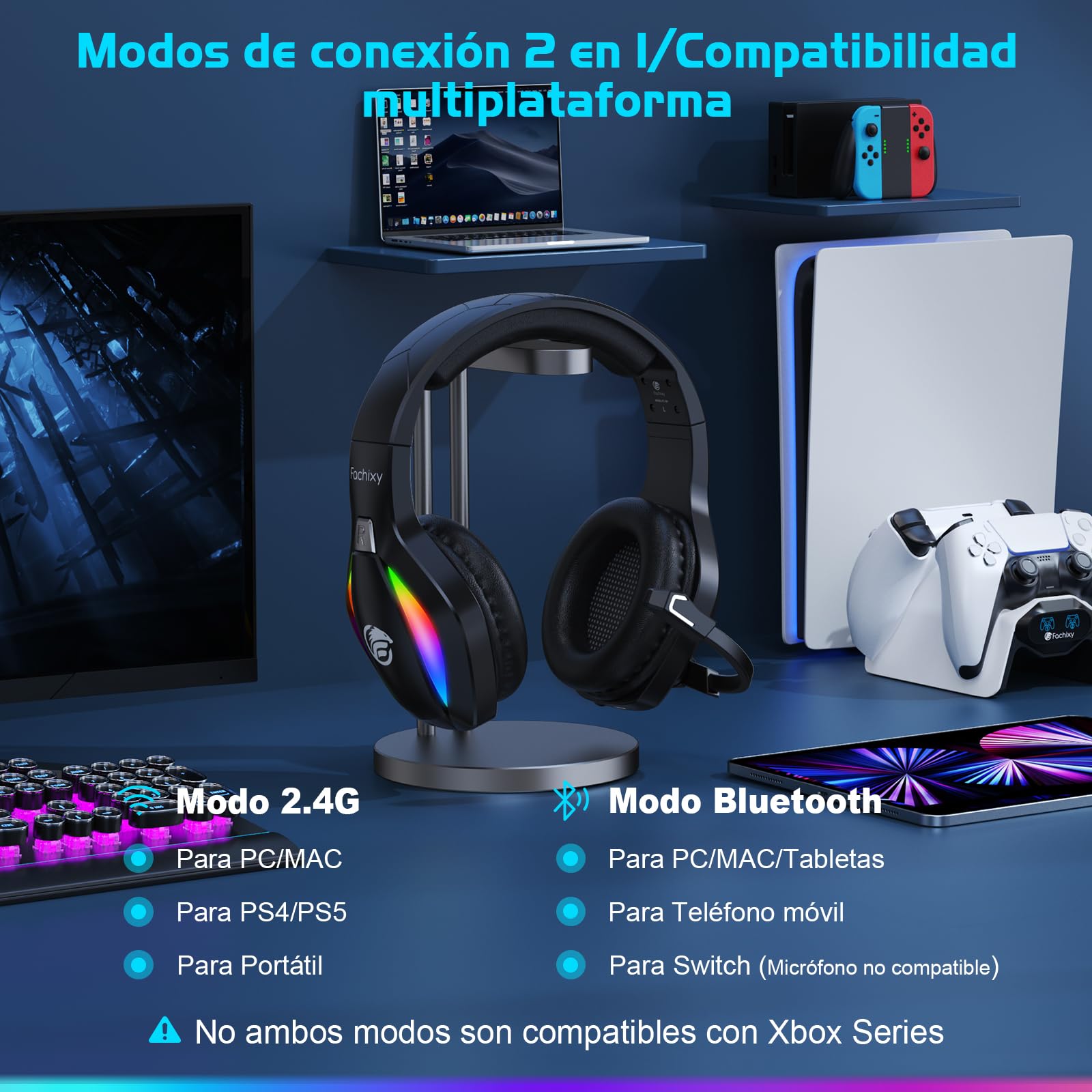 Fachixy「2025 Nuevo」FC100 Cascos Gaming Inalámbricos para PC, PS5, PS4, Auriculares Gaming Inalámbricos de 2,4GHz Wireless+Bluetooth - Baja Latencia, Duración 40Hr+, Luces RGB (Negro)