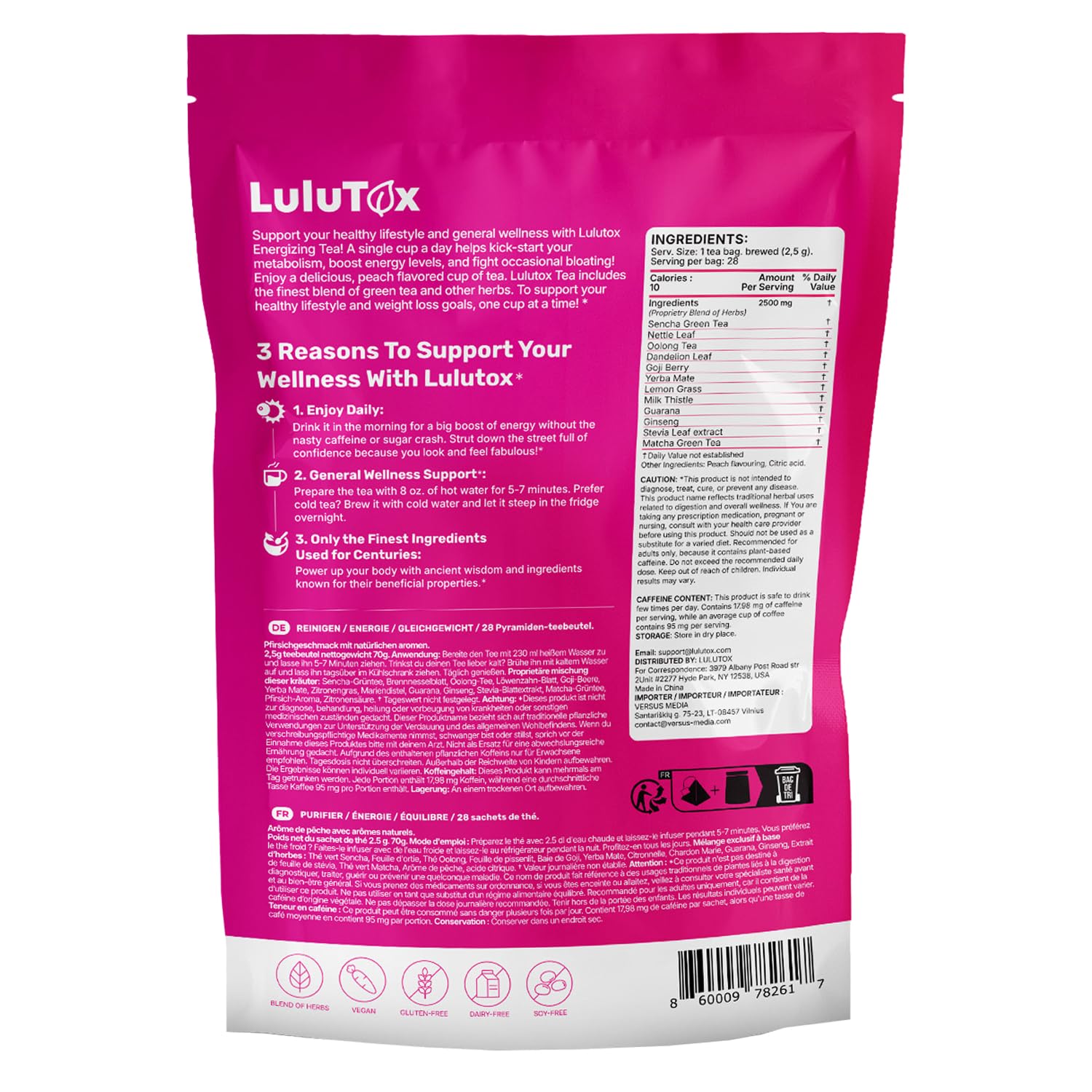LULUTOX Thé Détox – Mélange de Plantes pour le Bien-être avec Pissenlit, Ginseng et Gingembre – Infusion pour Ballonnements, Ménopause, Gestion du Poids et Vitalité – 28 Sachets
