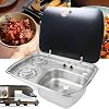 Gas Camping Stove Built-In RV Gas Cooktop Burner Gas Stove Hob and Stainless Steel Sink Combo w/Glass Cover - Outdoor Kitchen for Motorhome Caravan Camper RV, LPG Gas Only