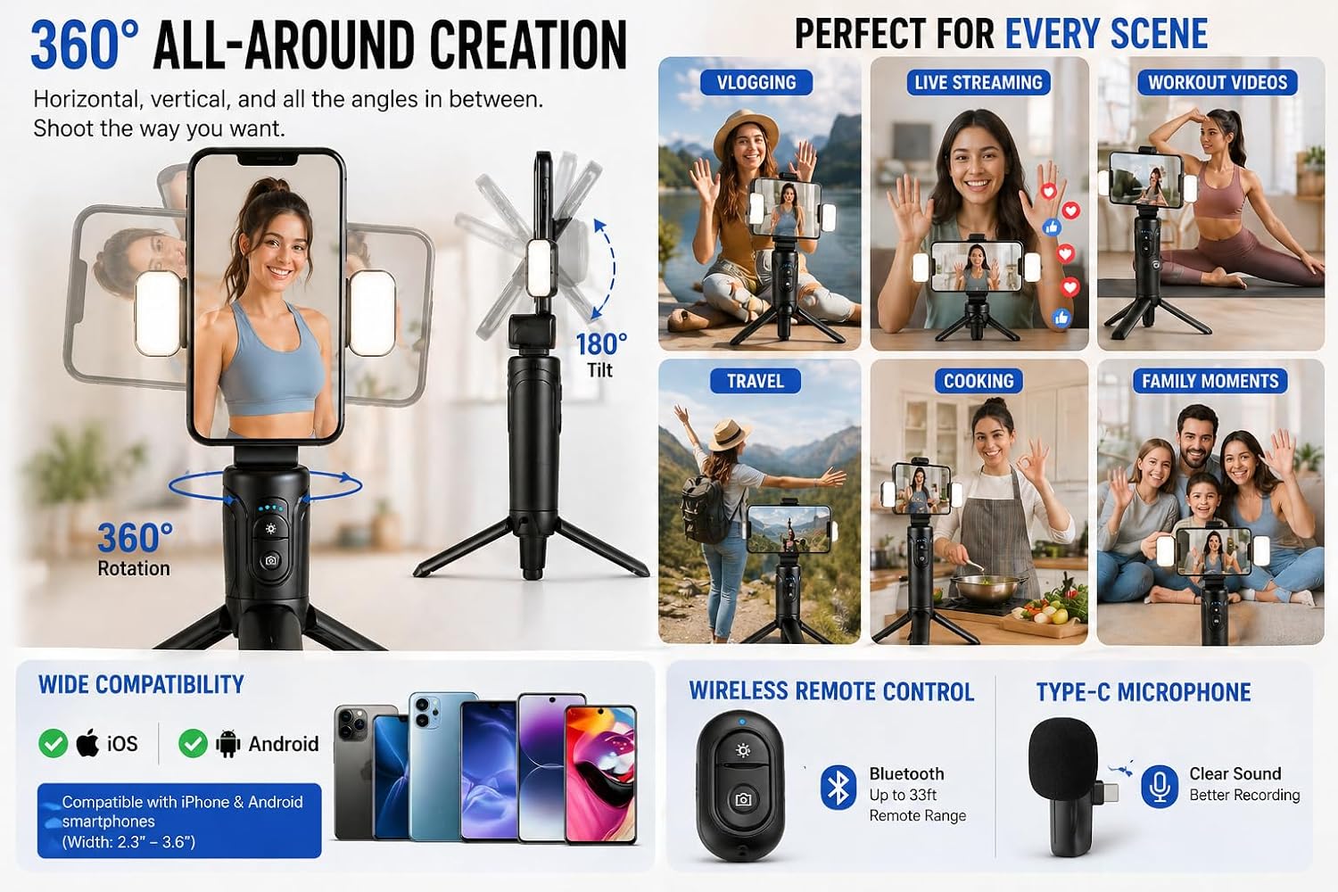 AI Auto Face Tracking Phone Holder 360° Rotation, Smart Gimbal Stabilizer for iPhone & Android, Vlogging Kit with Mic, Dual Fill Lights & Remote, No App Required, Tripod Compatible