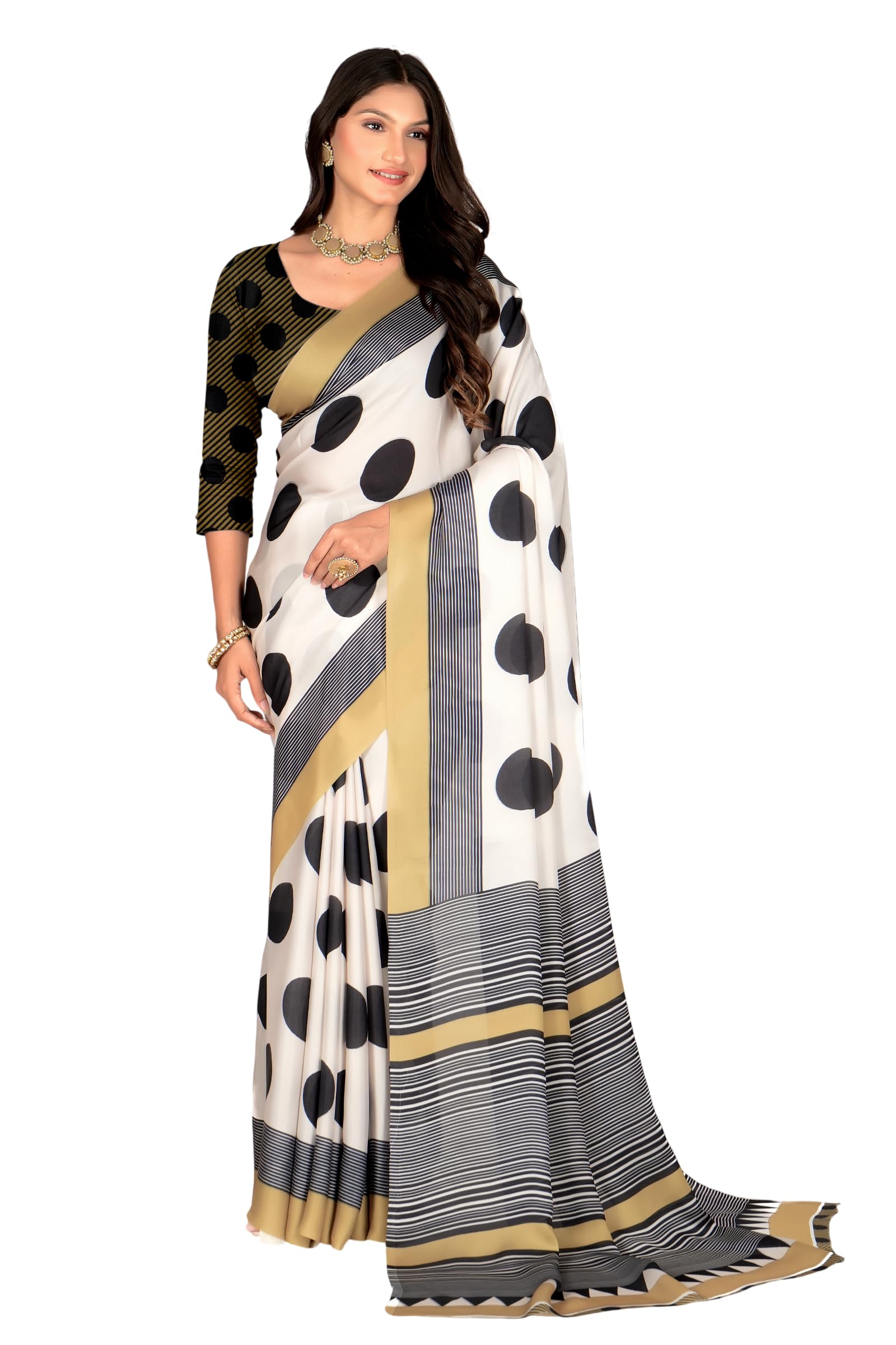 sajjan Women's White & Black Polka Dot Satin Georgette Printed Saree with Unstitched Blouse Piece | Retro Chic Striped Border Saree for Office, Party & Evening-picture-48